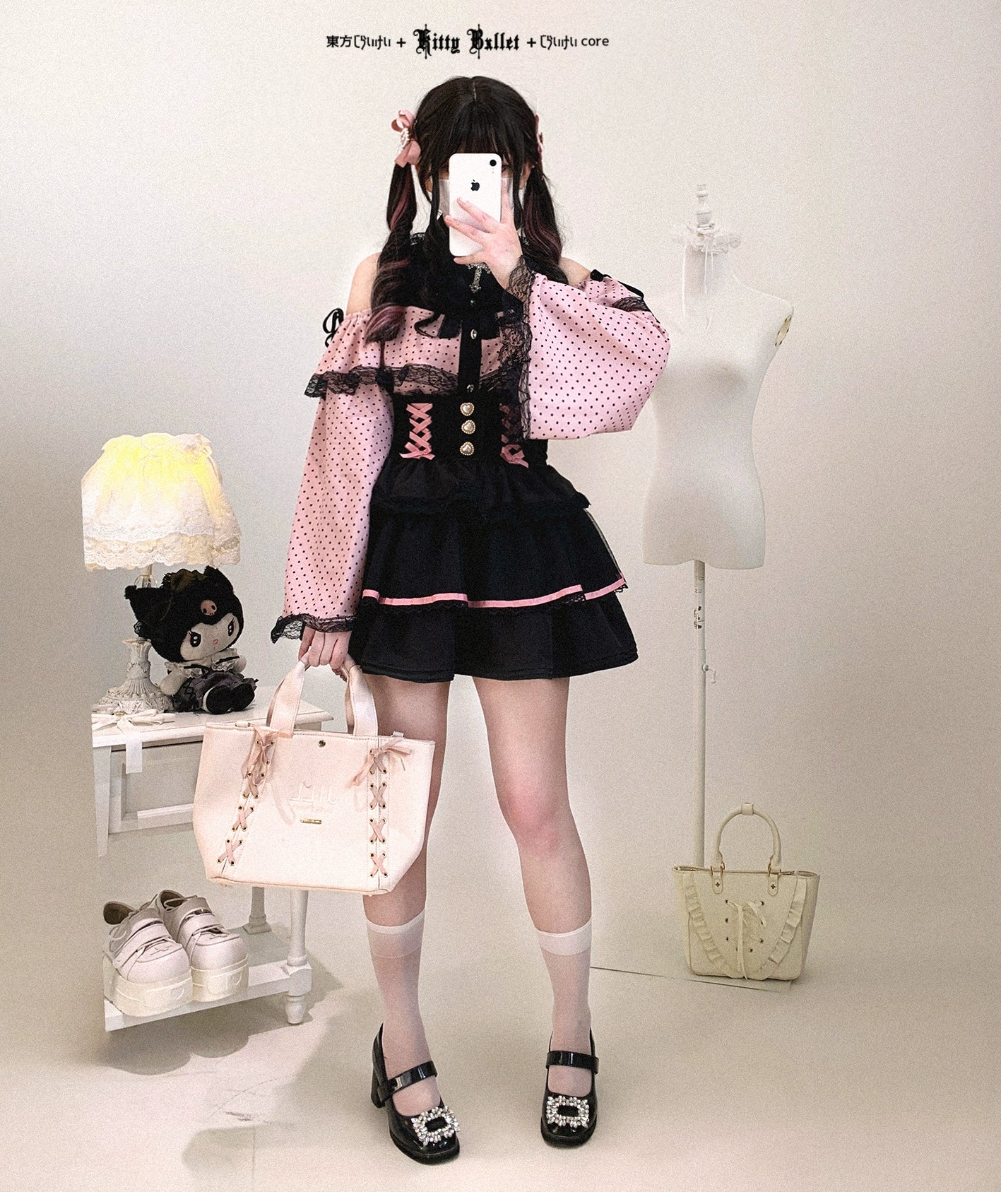 Black and White Ryousangata Tiered Skirt Subculture Style - Jirai Kei Polka Dot Ruffle Underground Fashion