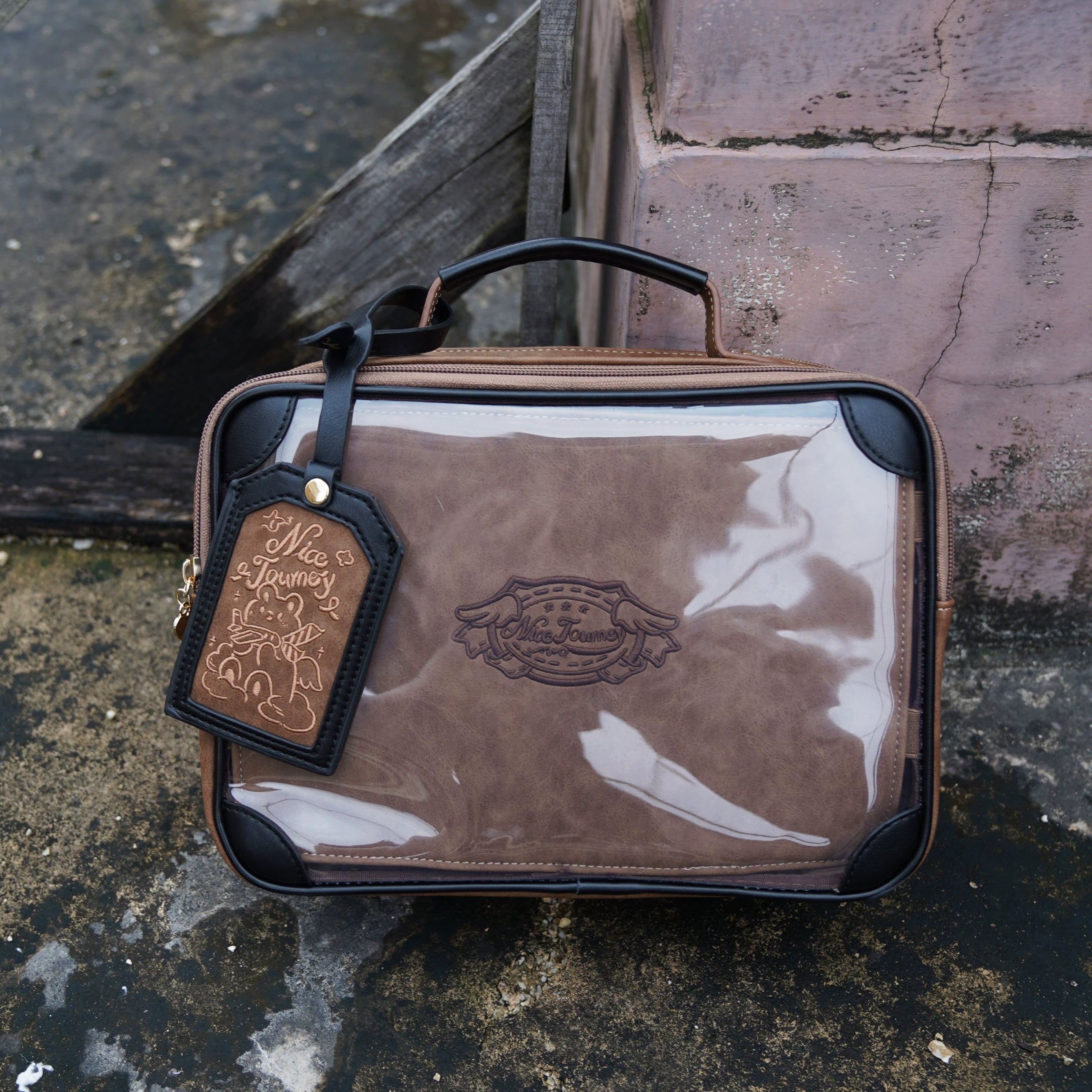 Dark brown jirai kei vintage square itabag color variant flat lay view transparent display structured rectangular warm brown leather