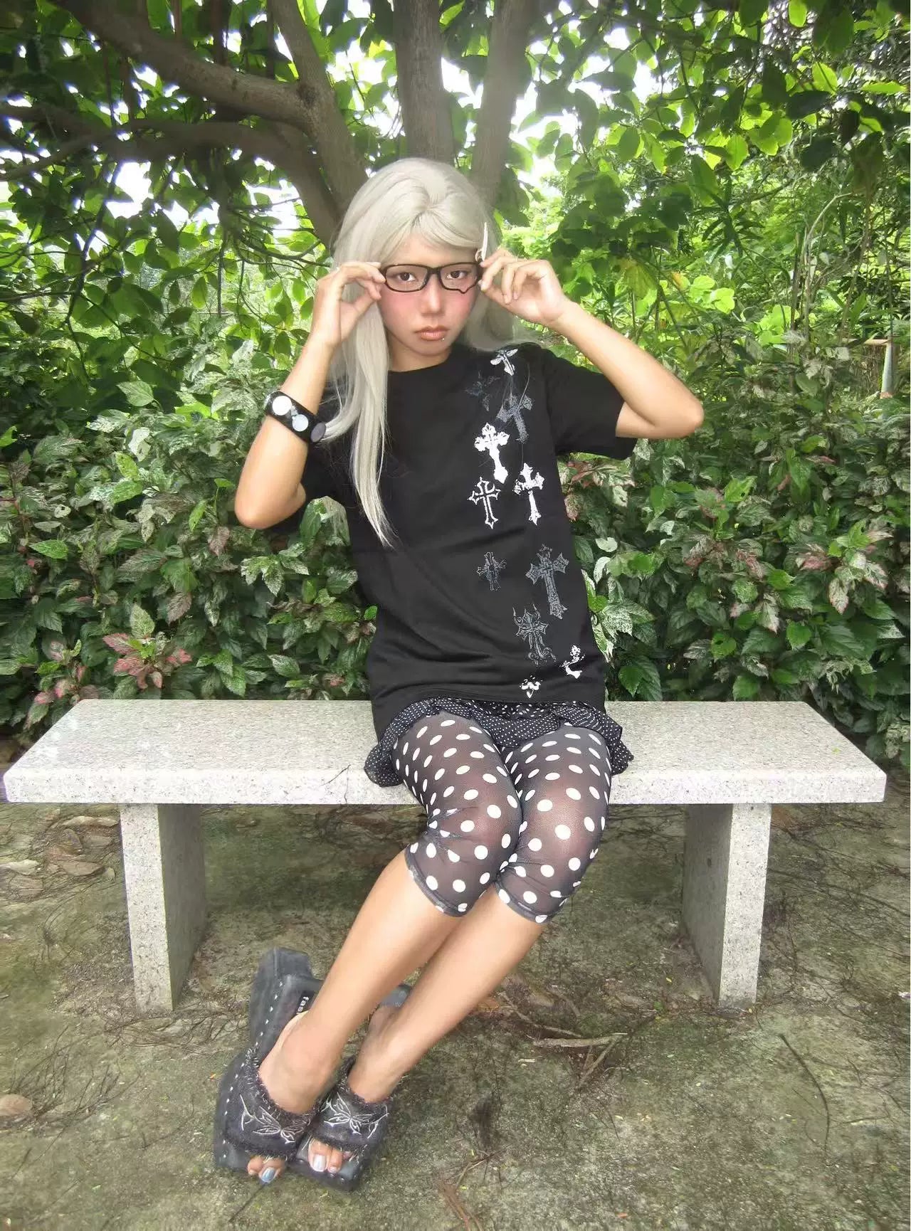 Black Jirai Kei t-shirt with purple cross prints layered with alternative fashion styling, demonstrating versatility and customization options