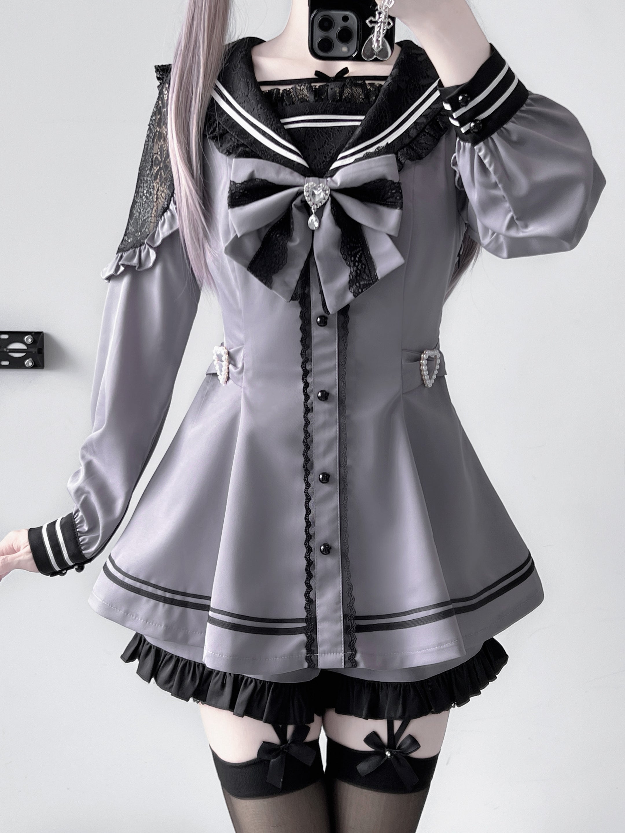 Sailor Jirai Kei dress set black grey long sleeves thick fabric preorder color option