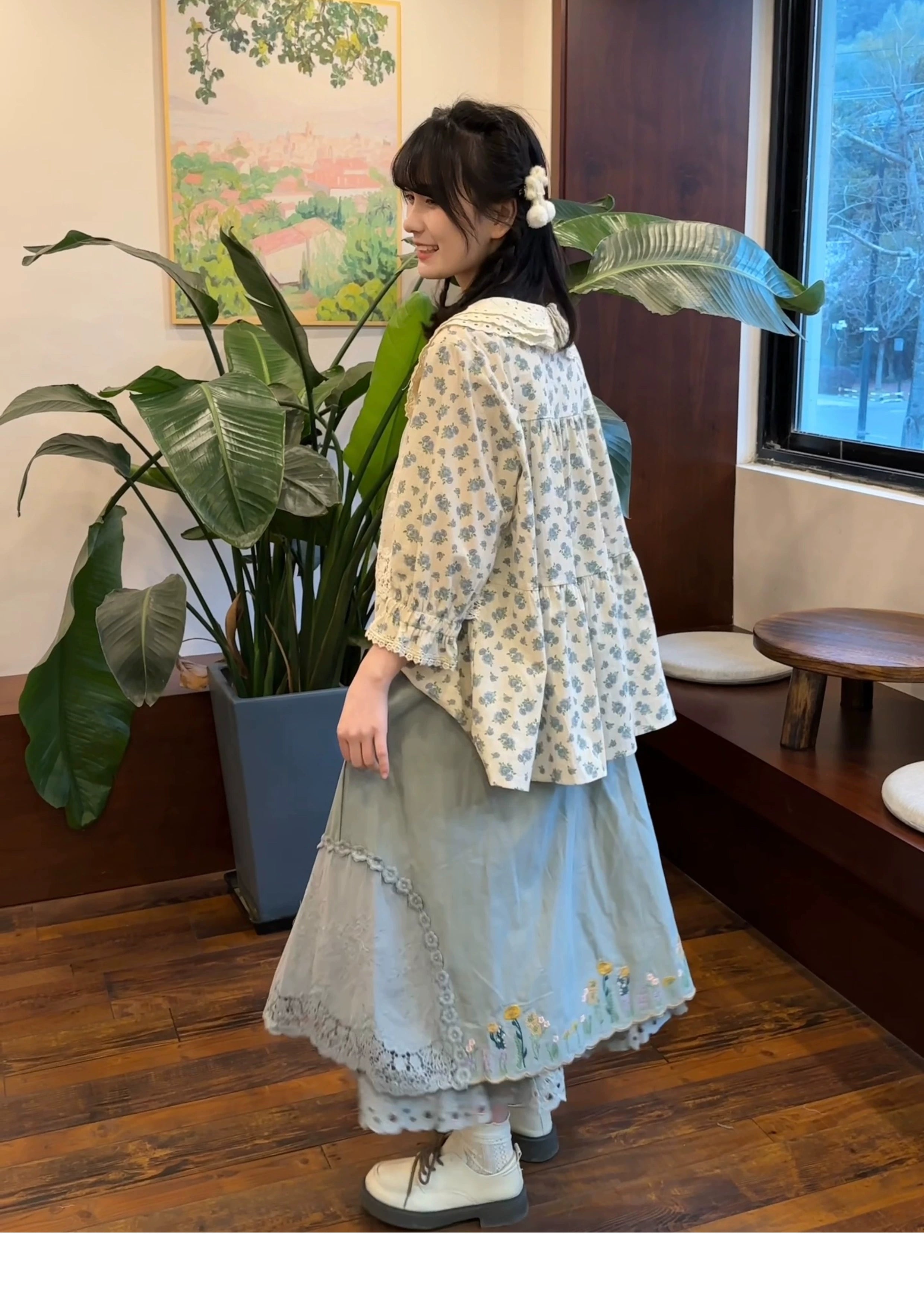Mori kei retro two-piece outfit back side view dusty blue embroidered skirt floral blouse white mary jane shoes