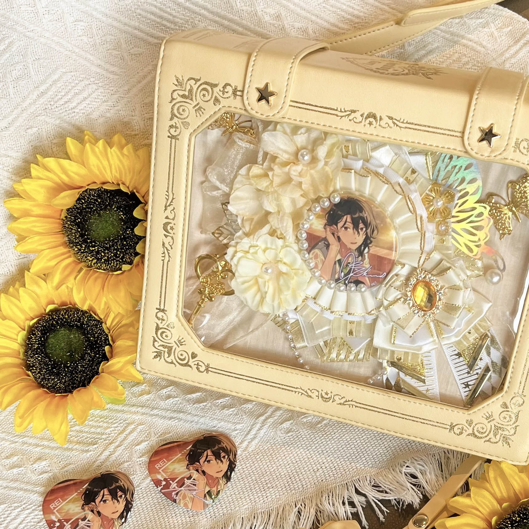 Yellow vintage grimoire Jirai Kei ita crossbody bag with gold border flat lay on white background