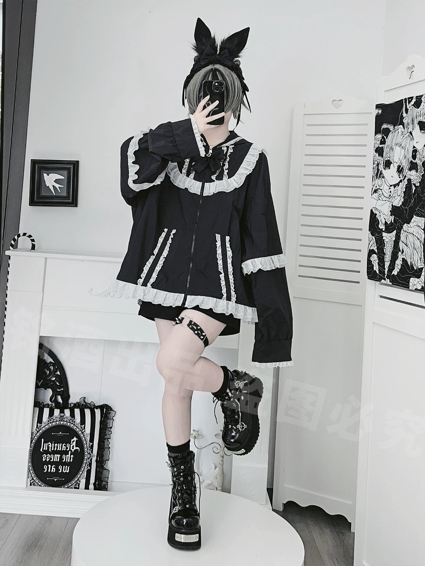 Black lace cat-ear sun jacket full body mirror selfie on gothic lolita model with bunny ear hairpin and platform boots