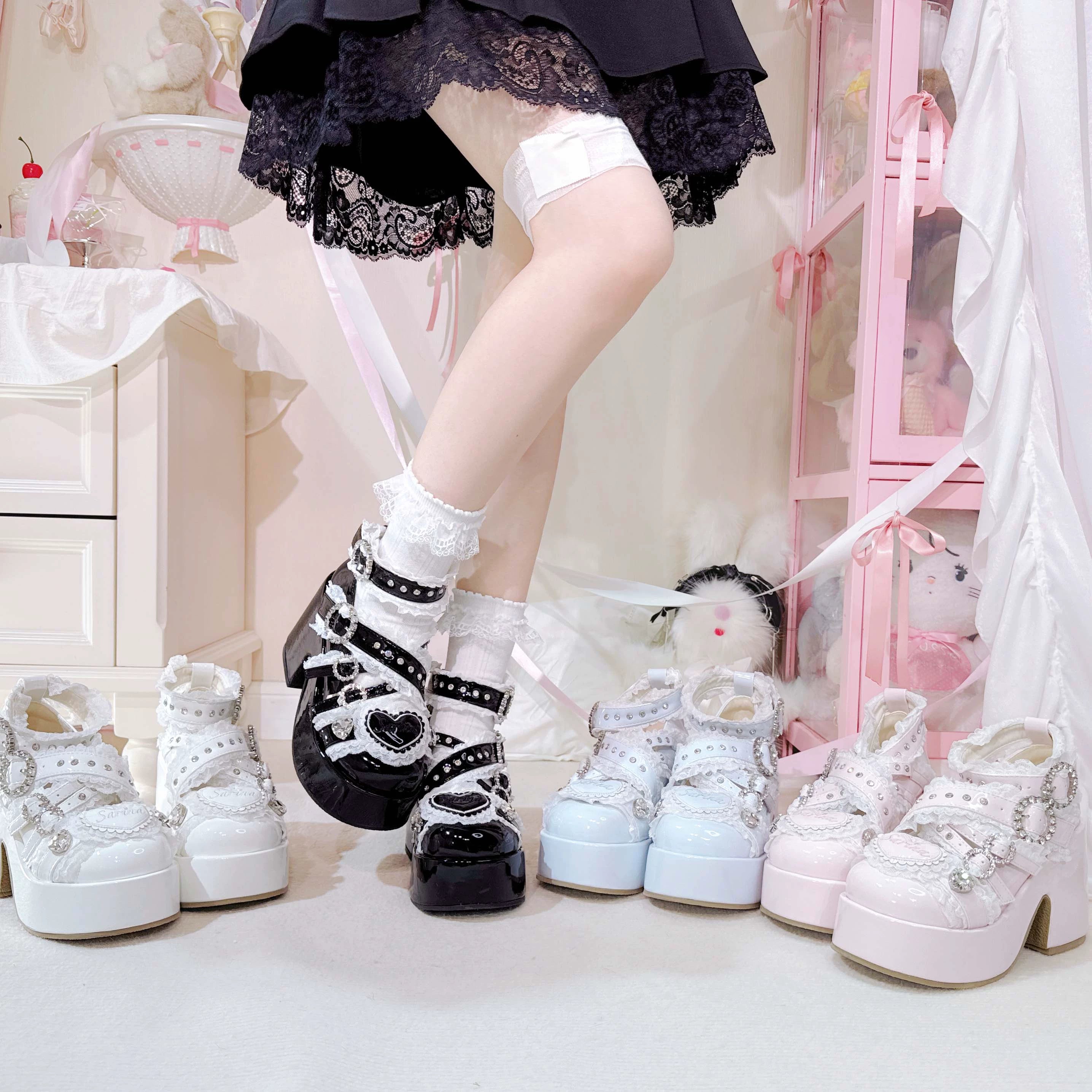 Jirai Kei platform heels styled with black lace skirt and garter bedroom scene low side view