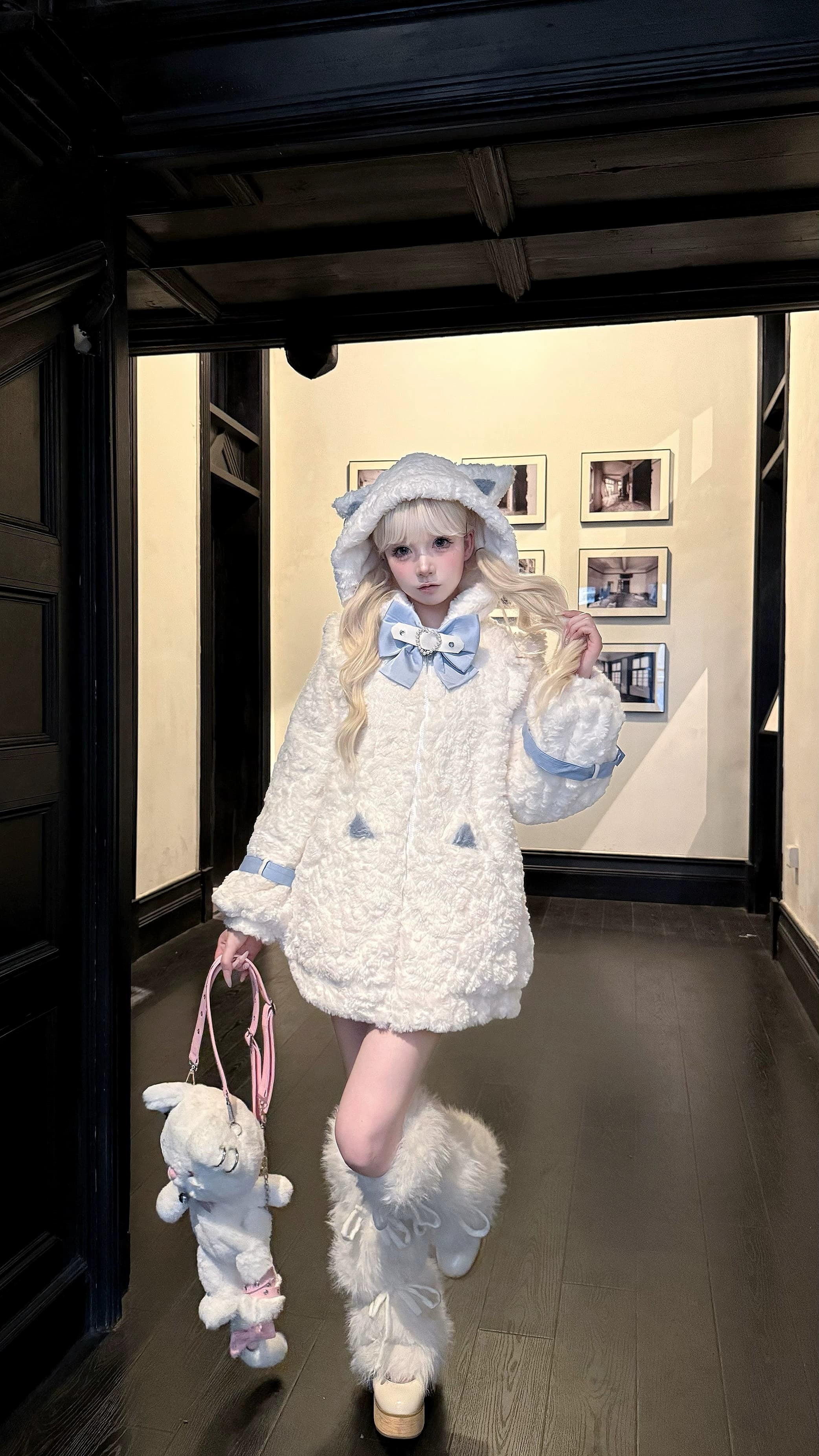 Jirai Kei fleece coat with platform shoes and accessories, complete subculture aesthetic styling, showing coordinated Jirai Kei fashion compilation