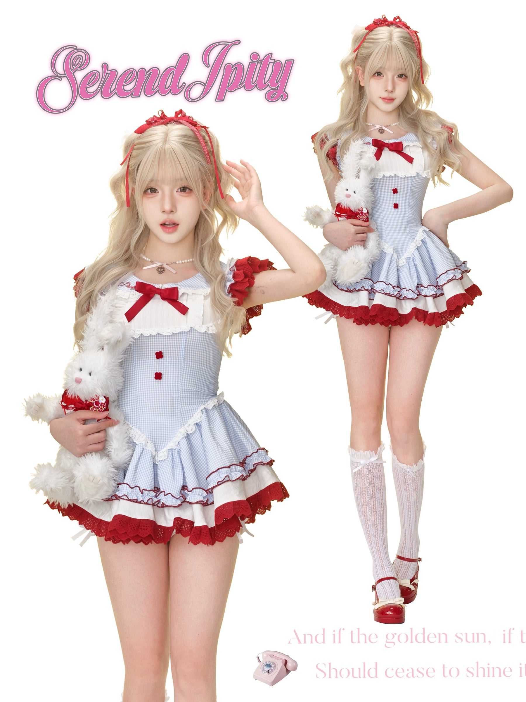Two blonde female models wearing matching blue plaid Jirai Kei gyaru dresses with ruffled trim white socks styling