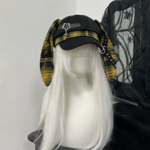 yellow and black tartan plaid bunny ear punk beret with star metal ornaments gothic fashion close-up