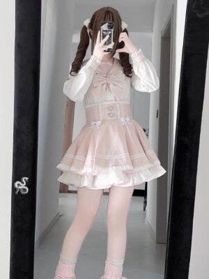 Ryousangata sailor collar blouse high-waist ruffled skirt set pink white full-body front view twin-tail girl jirai kei lolita outfit coordinate