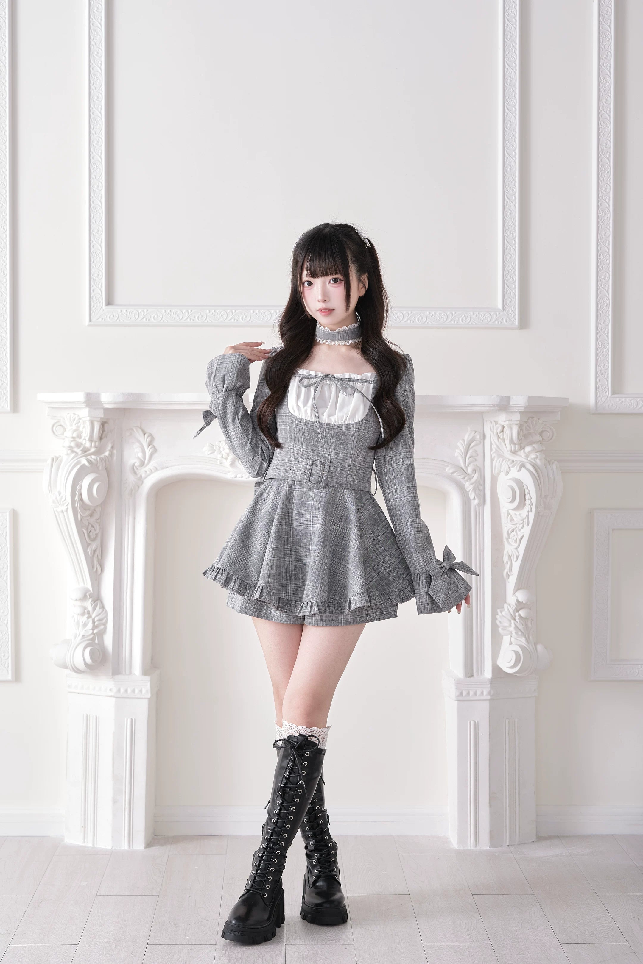 Full length styling view Jirai Kei plaid dress and shorts set with recommended accessories and choker