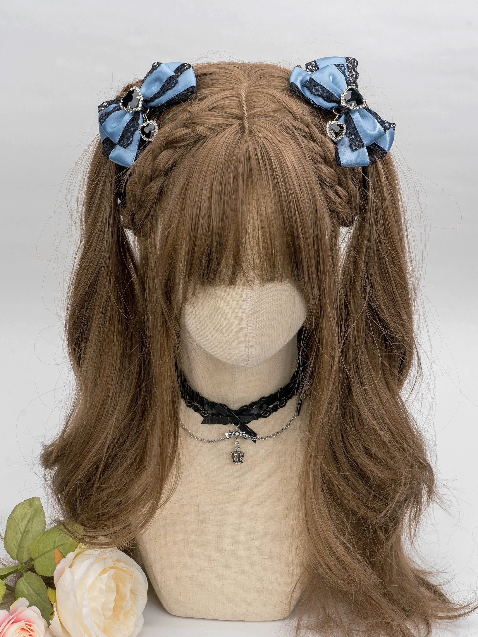 jirai kei lace bow hair clip rhinestone heart center detail sparkling close-up studio photography