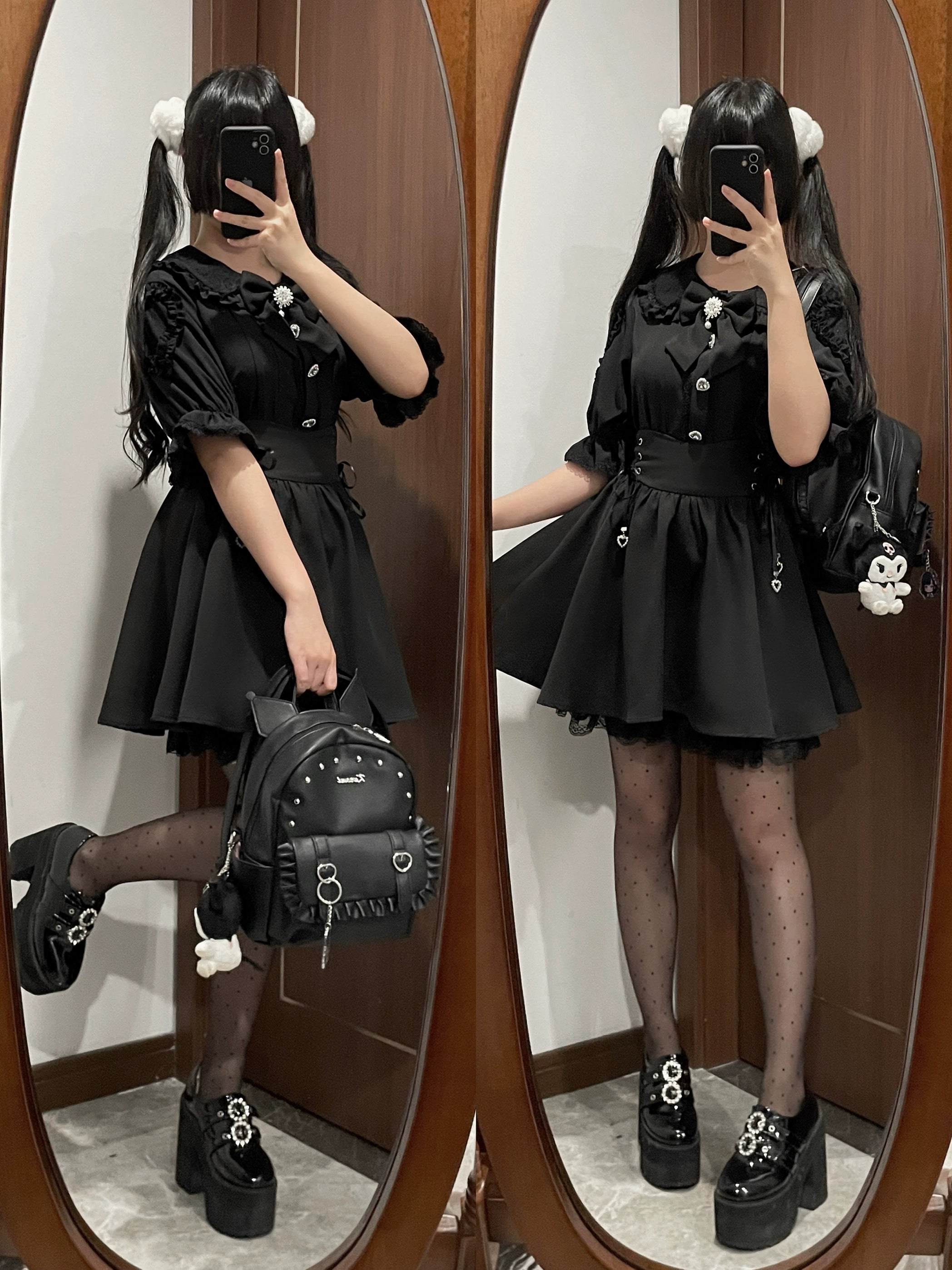 Black Jirai Kei dress set split-mirror full-body selfie on anime-style twin-tailed girl, styled with fishnet stockings, gothic platform shoes, skull backpack, and dramatic ruffled blouse collar - subculture fashion coordination