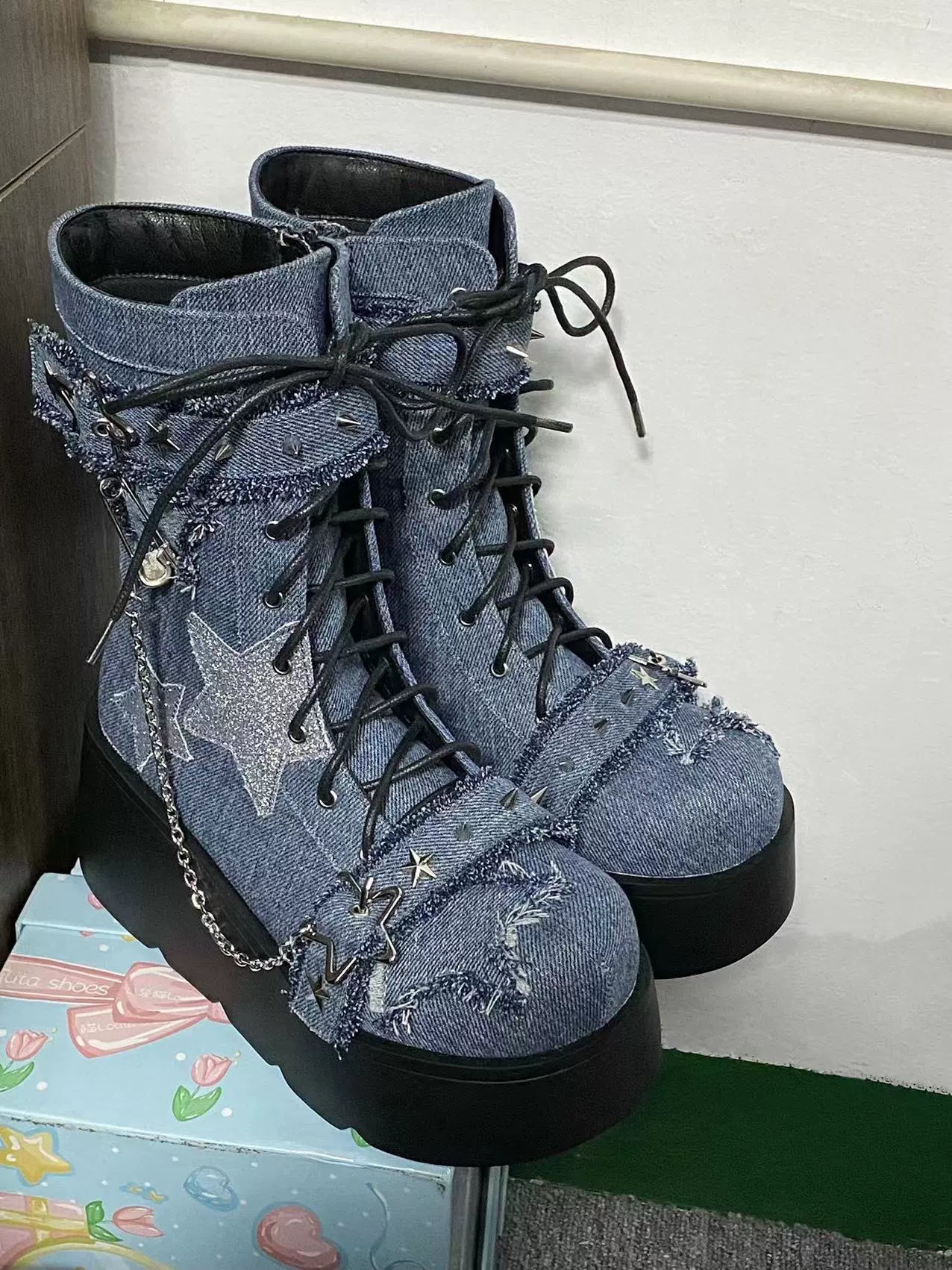 Denim blue platform combat boots with included leg warmers showing complete Jirai Kei Y2K streetwear package deal