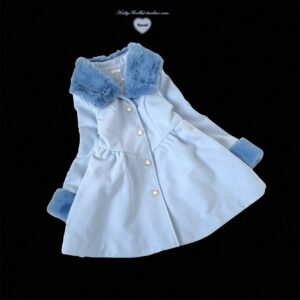 Light blue Jirai Kei wool coat dress with detachable blue fur trim collar and cuffs pearl-like gold buttons fitted waist A-line cut overhead view