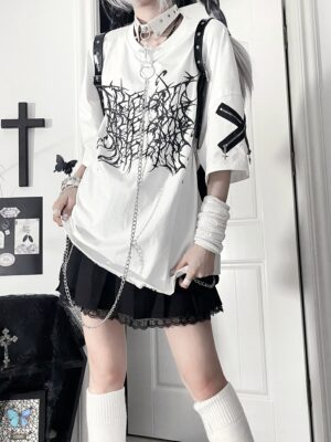 White oversized Jirai Kei subculture cotton t-shirt with black thorn graphic print and chain strap decoration, full-body front model shot