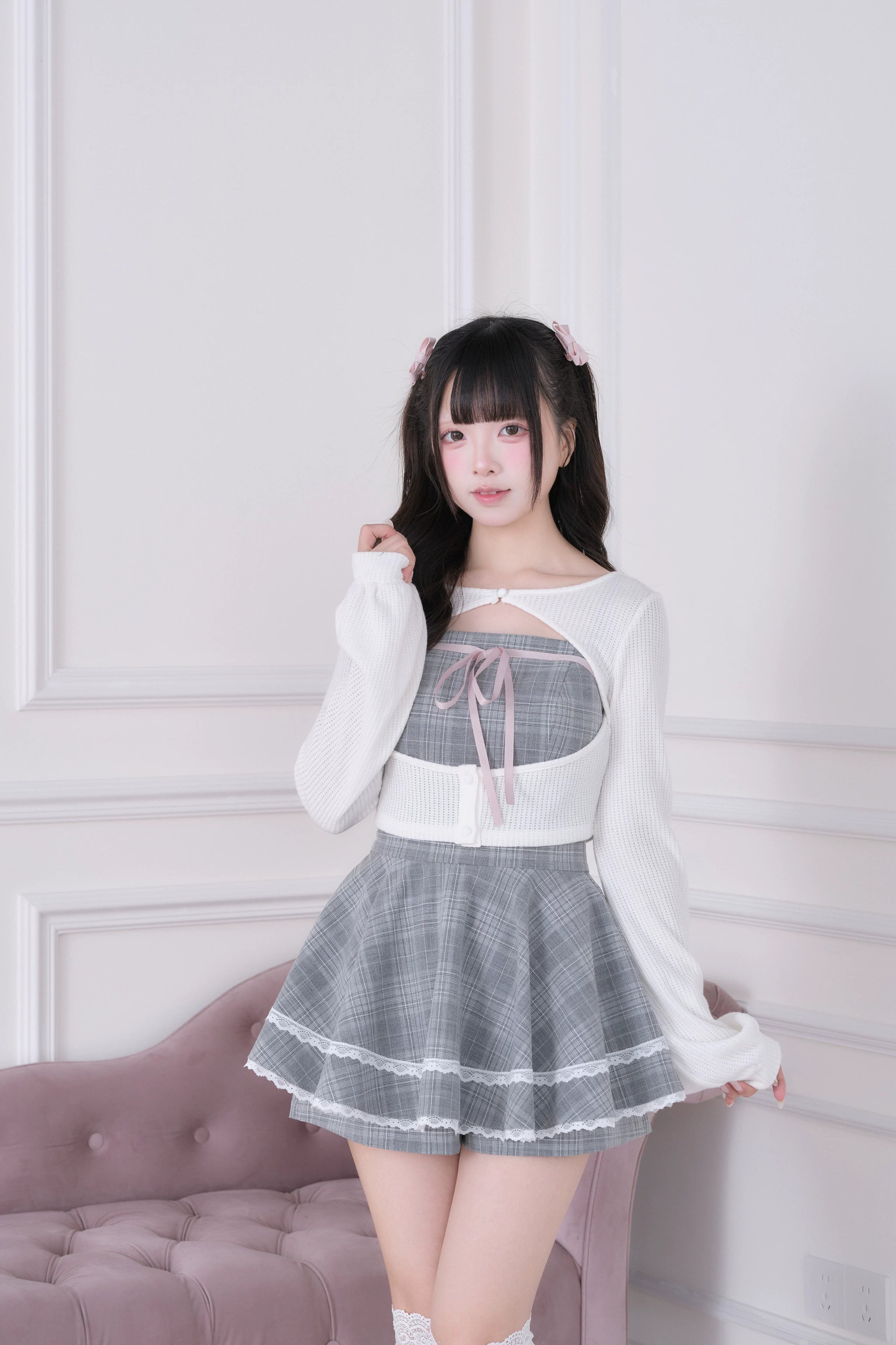 White Ryousangata plaid dress with white knit bolero and elastic shorts - sweet lolita Jirai Kei ensemble front view