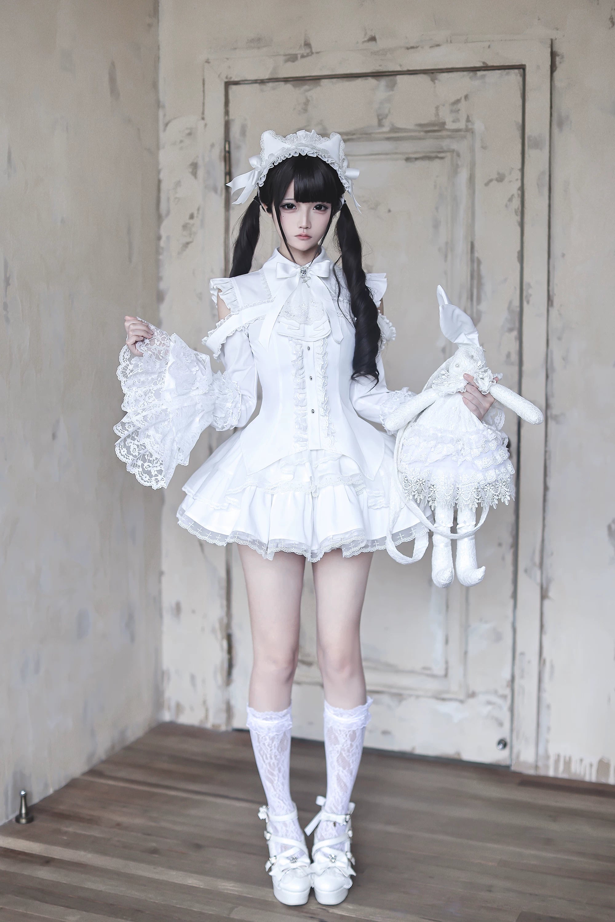 Gothic lolita two-piece blouse and skirt set contemporary edge cropped cardigan combat boots styling
