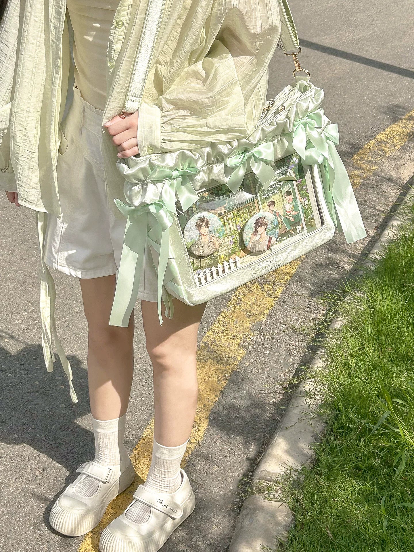 Jirai Kei itabag fabric texture close-up showing polyester material sheen durability and smooth surface finish quality