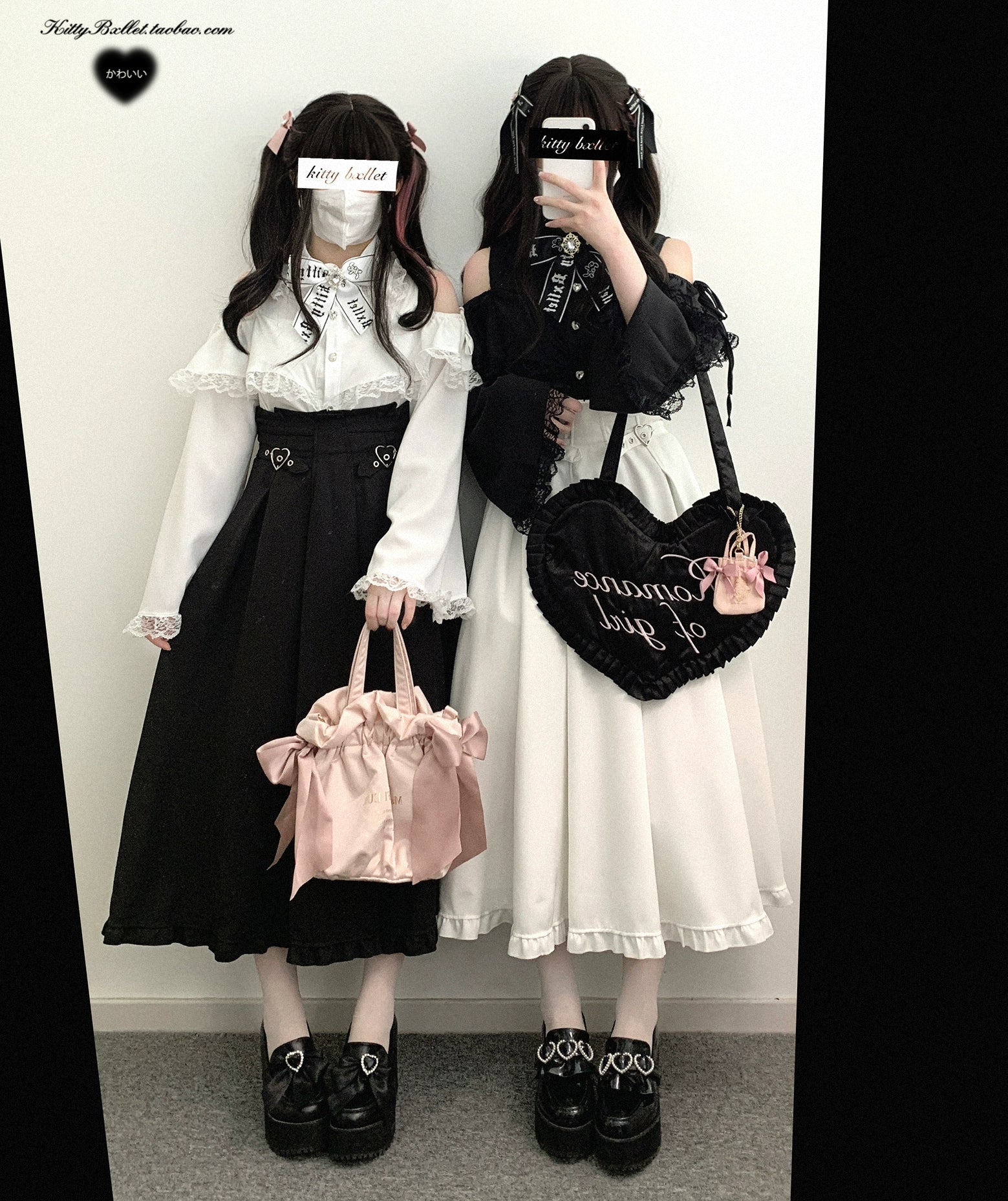 Matching black and white Jirai Kei twin outfits featuring lace-up heart buckle skirts with heart embroidery tote bag and satin handbag accessories