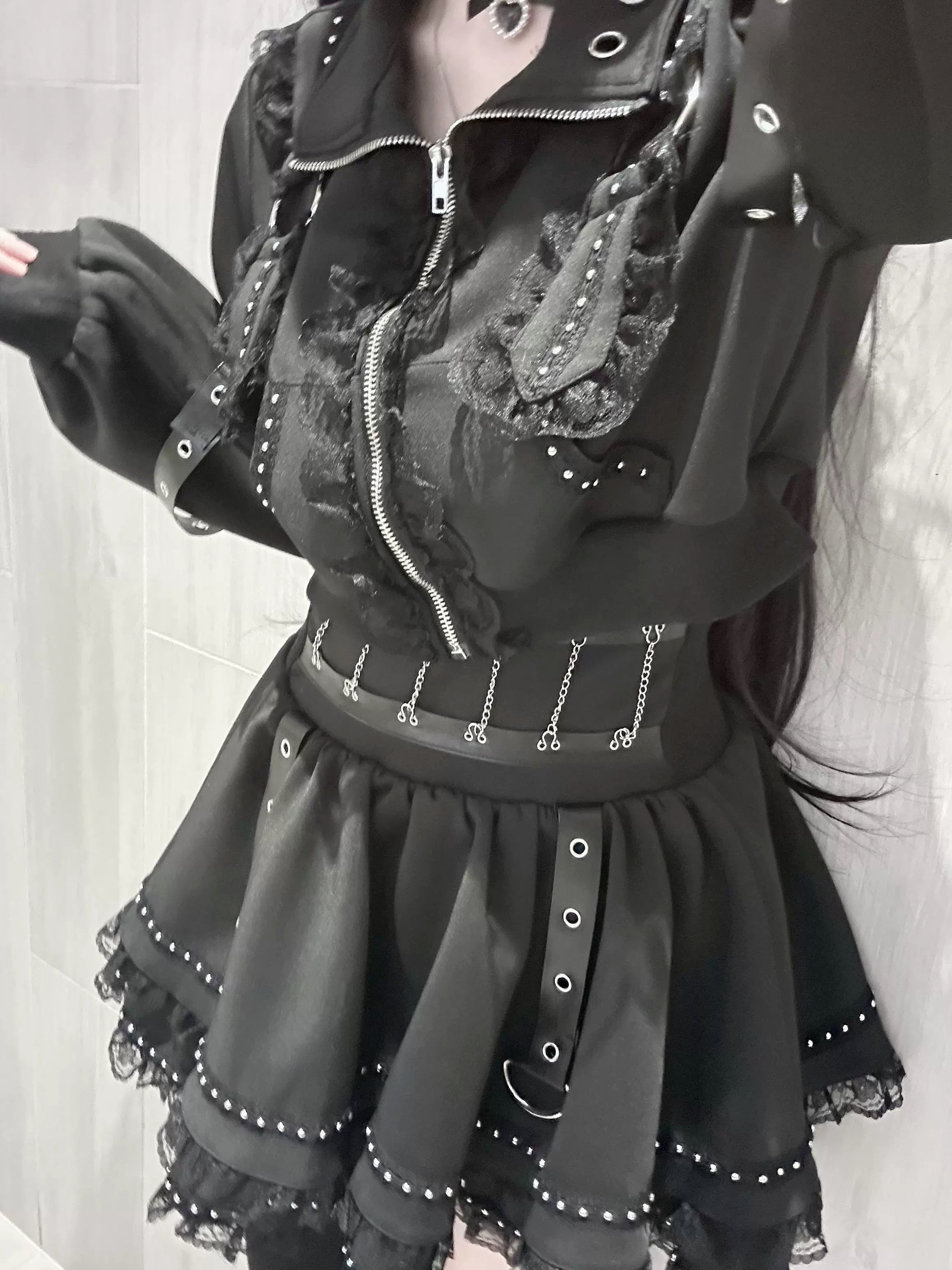 Jirai Kei gothic cross-zip jacket and studded lace mini skirt set complete three-piece outfit with leg warmers alternative fashion aesthetic