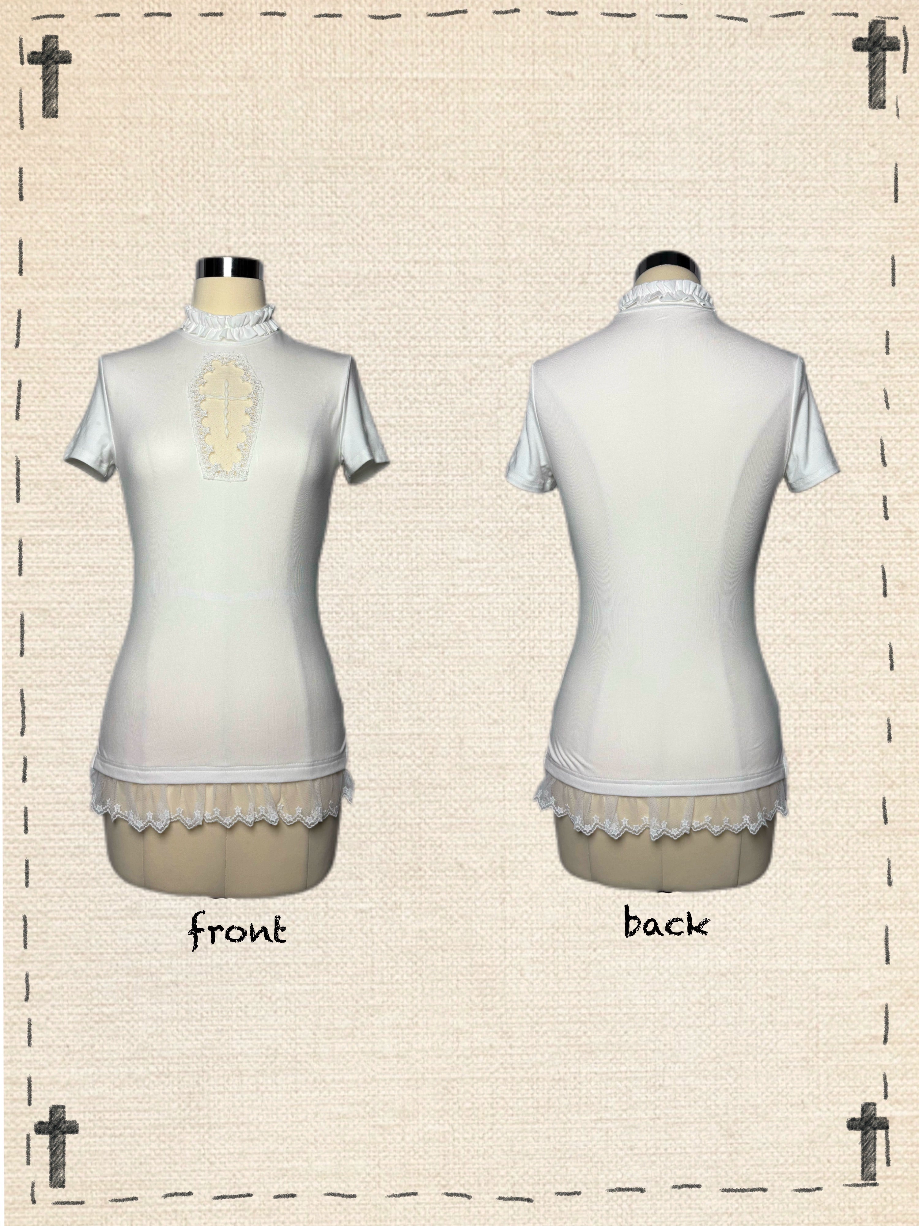 Jirai Kei white t-shirt only one size high neck sheer tulle flocked cross embellishment detail