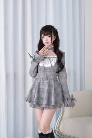 Light gray plaid Jirai Kei dress and shorts set full front view with ruffled hem and lace trim choker