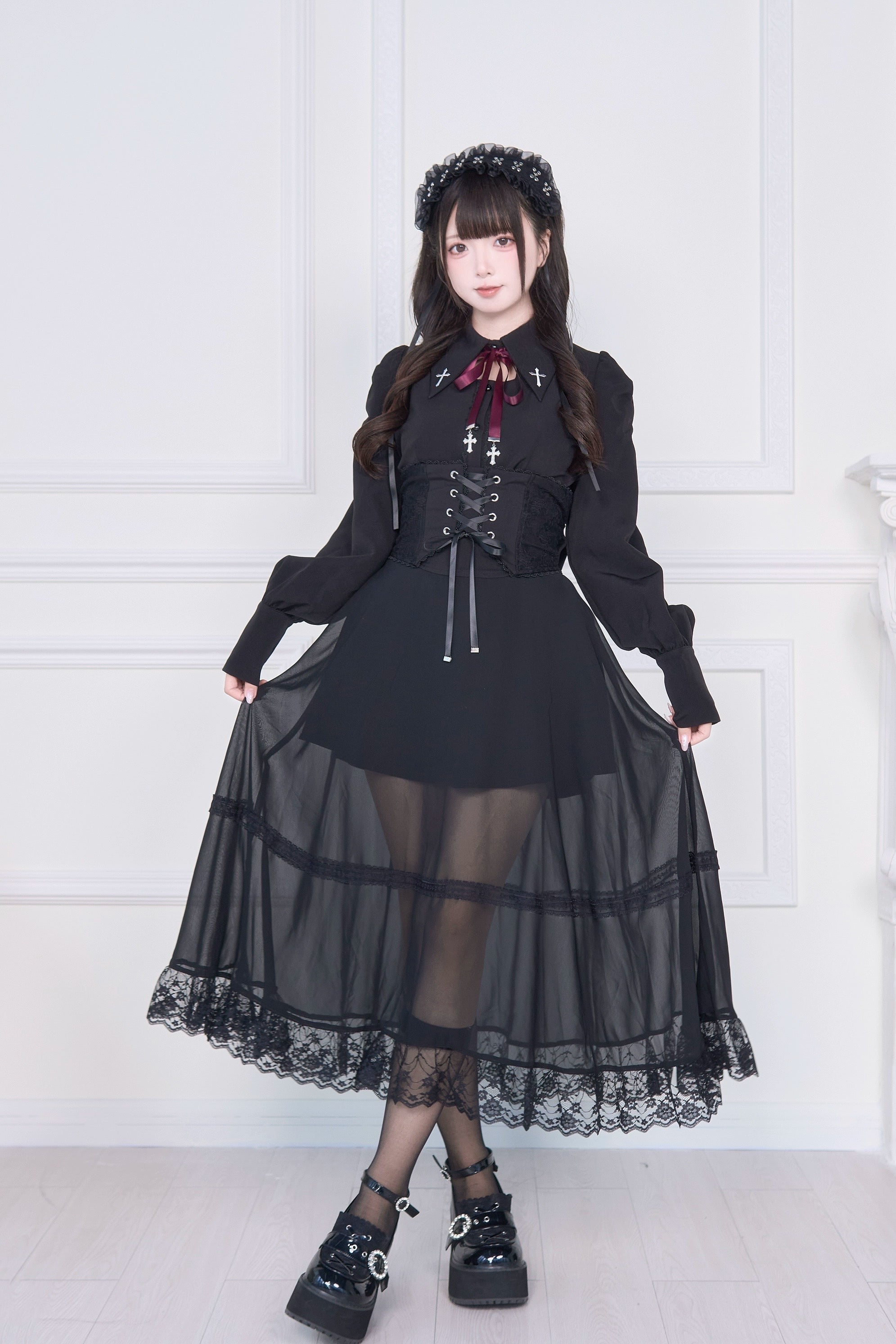 Gothic corset blouse and sheer lace-trimmed midi skirt set full front view all-black design