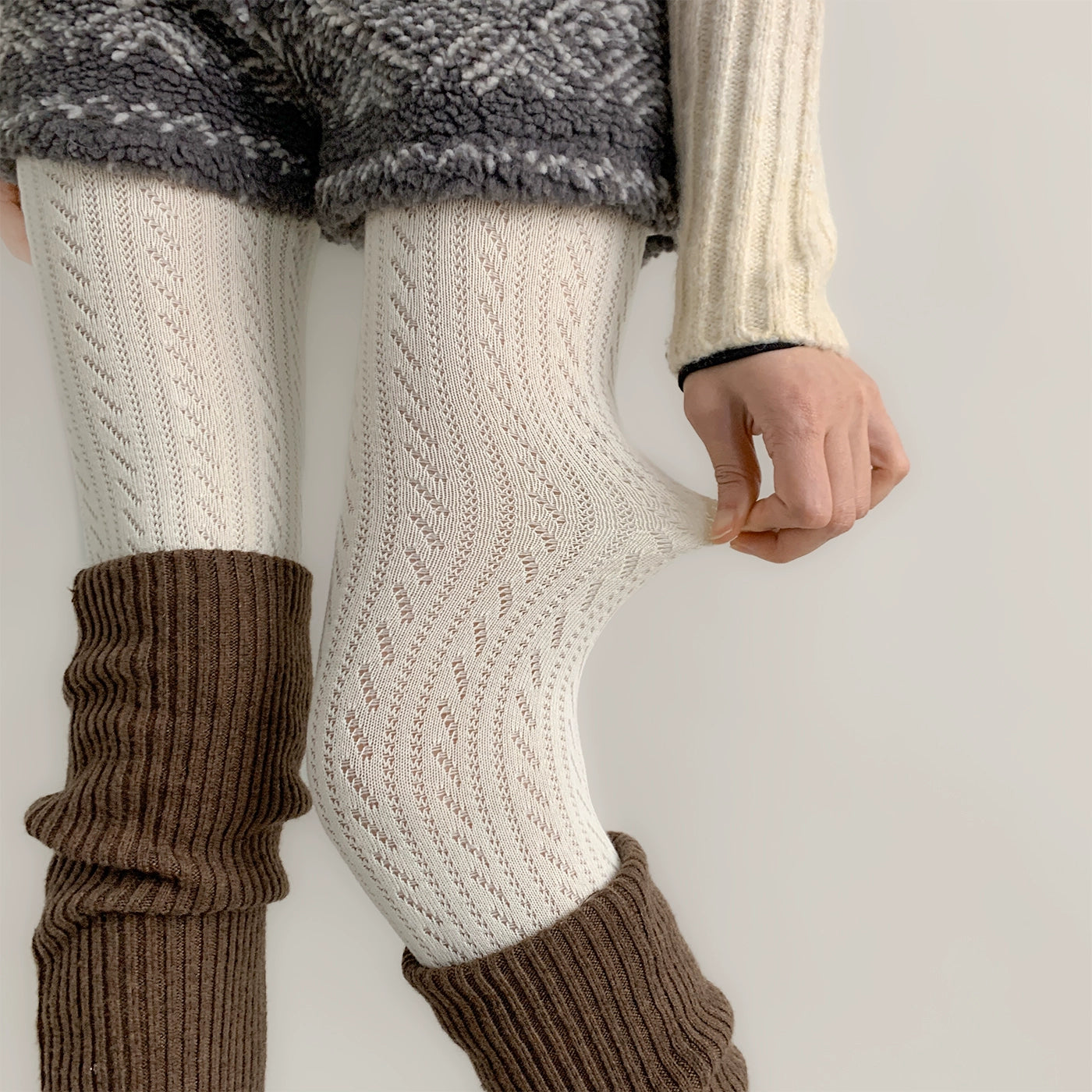 Cream white off-white Jirai Kei hollow stripe tights dual-tone style with fuzzy shorts and knit top