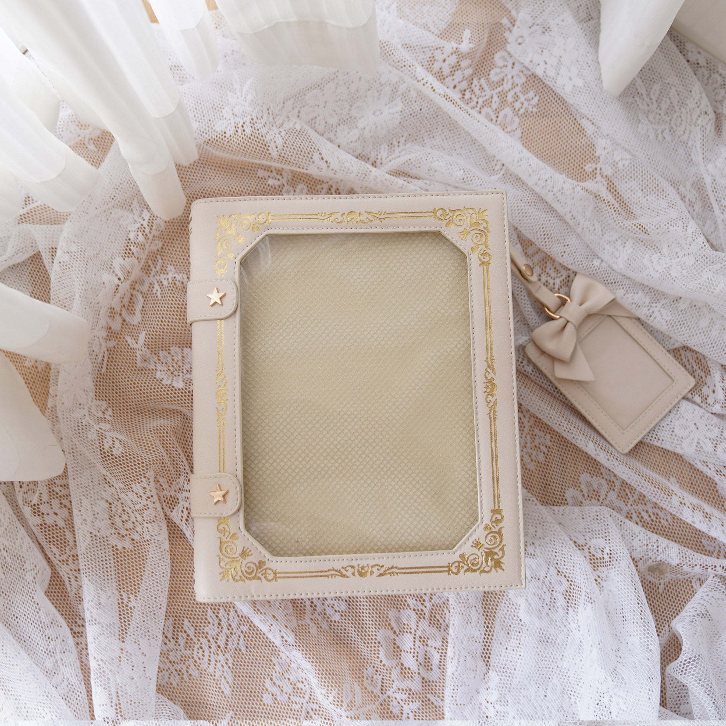 Cream white vintage grimoire Jirai Kei ita crossbody bag with gold antique border and beige bow card pouch