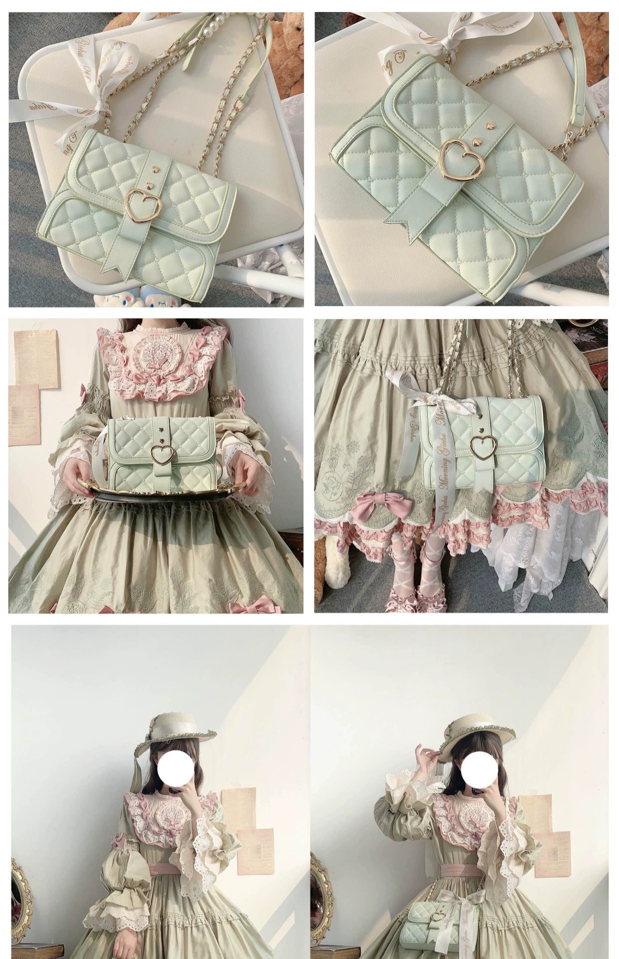Pastel rhombus quilted jirai kei ita bags with heart lock details paired with lolita style clothing on model in lolita themed studio