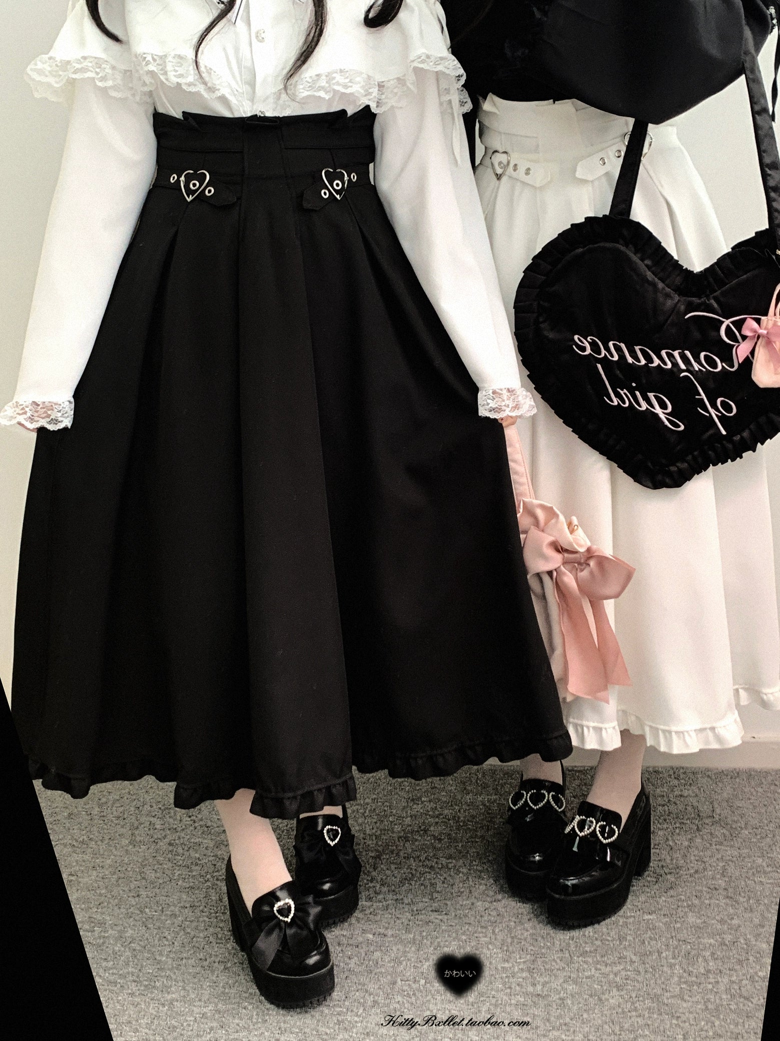 Close-up half-body view of Jirai Kei skirt highlighting heart-shaped adjustable buckles, ruffled blouse cuffs and ruffled hemline construction details