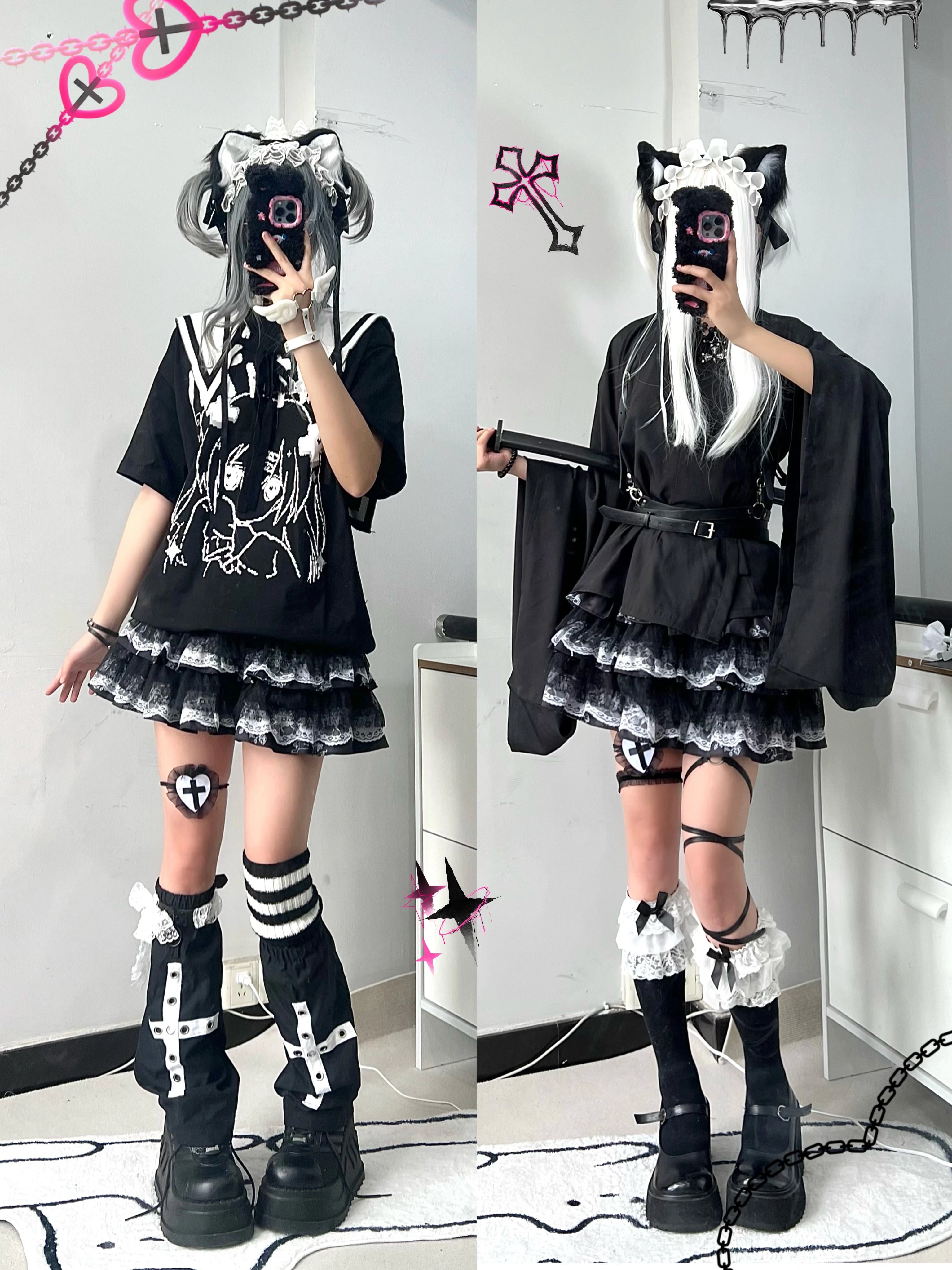 Two models in black tiered lace puff skirts with cat ear accessories gothic accessories and platform boots Jirai Kei aesthetic