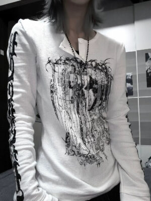 white jirai kei graphic long sleeve t-shirt front view fitted silhouette waffle knit texture bone print design henley neckline