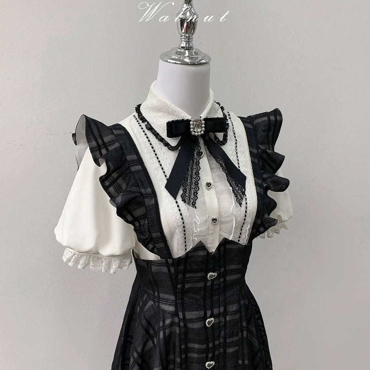 Black Plaid Jirai Kei Suspender Skirt, White Blouse - Image 25