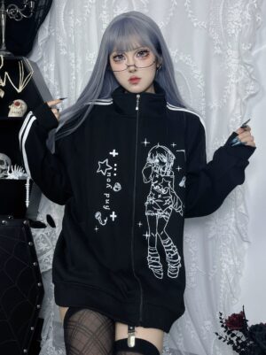 grey-haired model with glasses wearing black stand collar zip-up jacket with find you text print and anime girl graphic, full front view gothic room