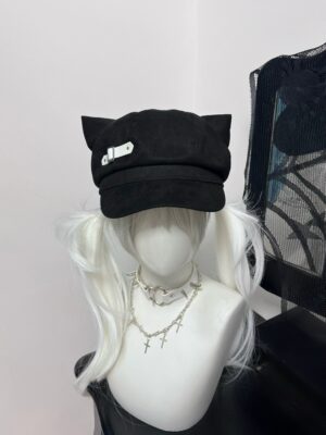Black Jirai Kei cat ear newsboy beret with leather strap buckle front flat view detail shot