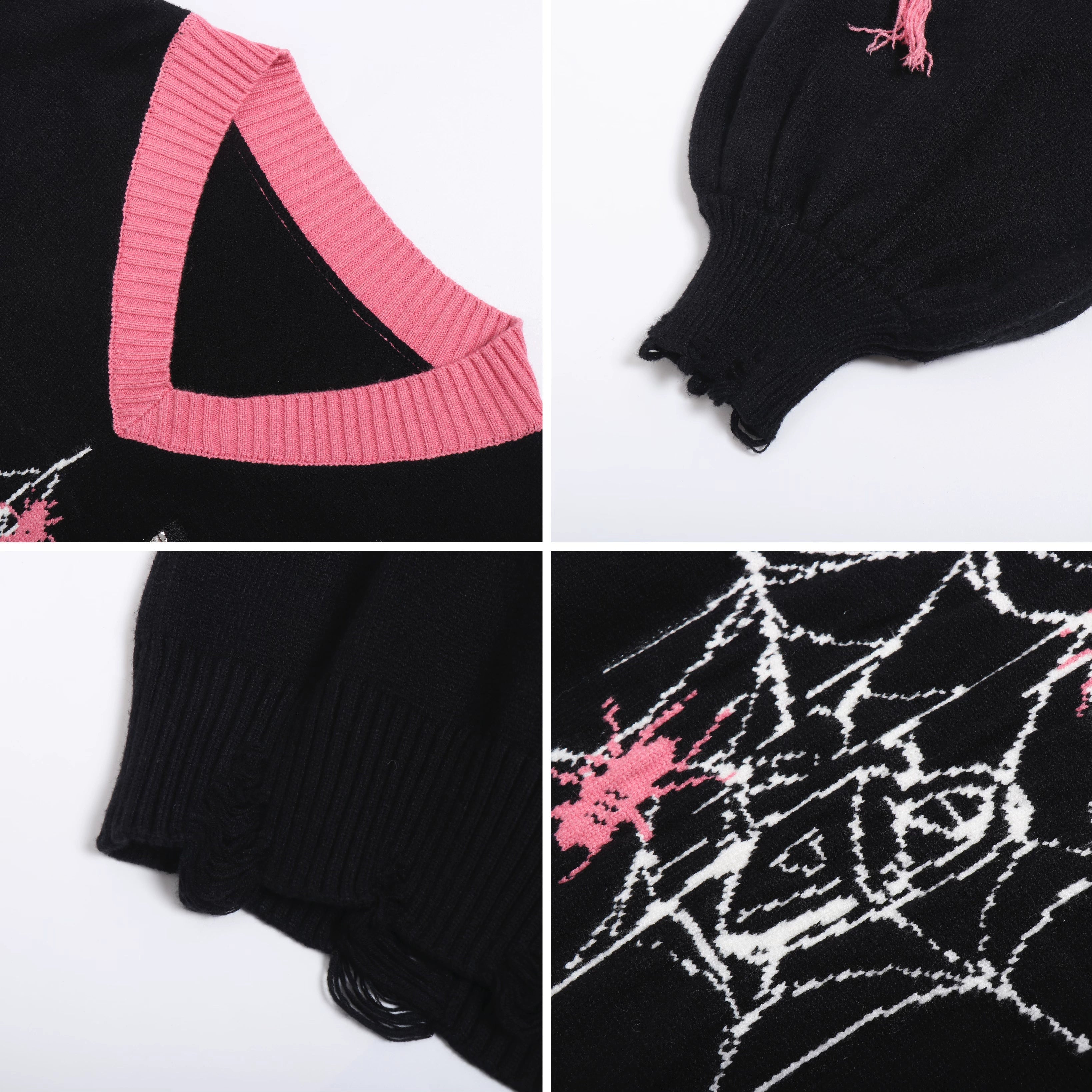 Black and pink Jirai Kei knit sweater collection showcase featuring both colorway options for personal style expression