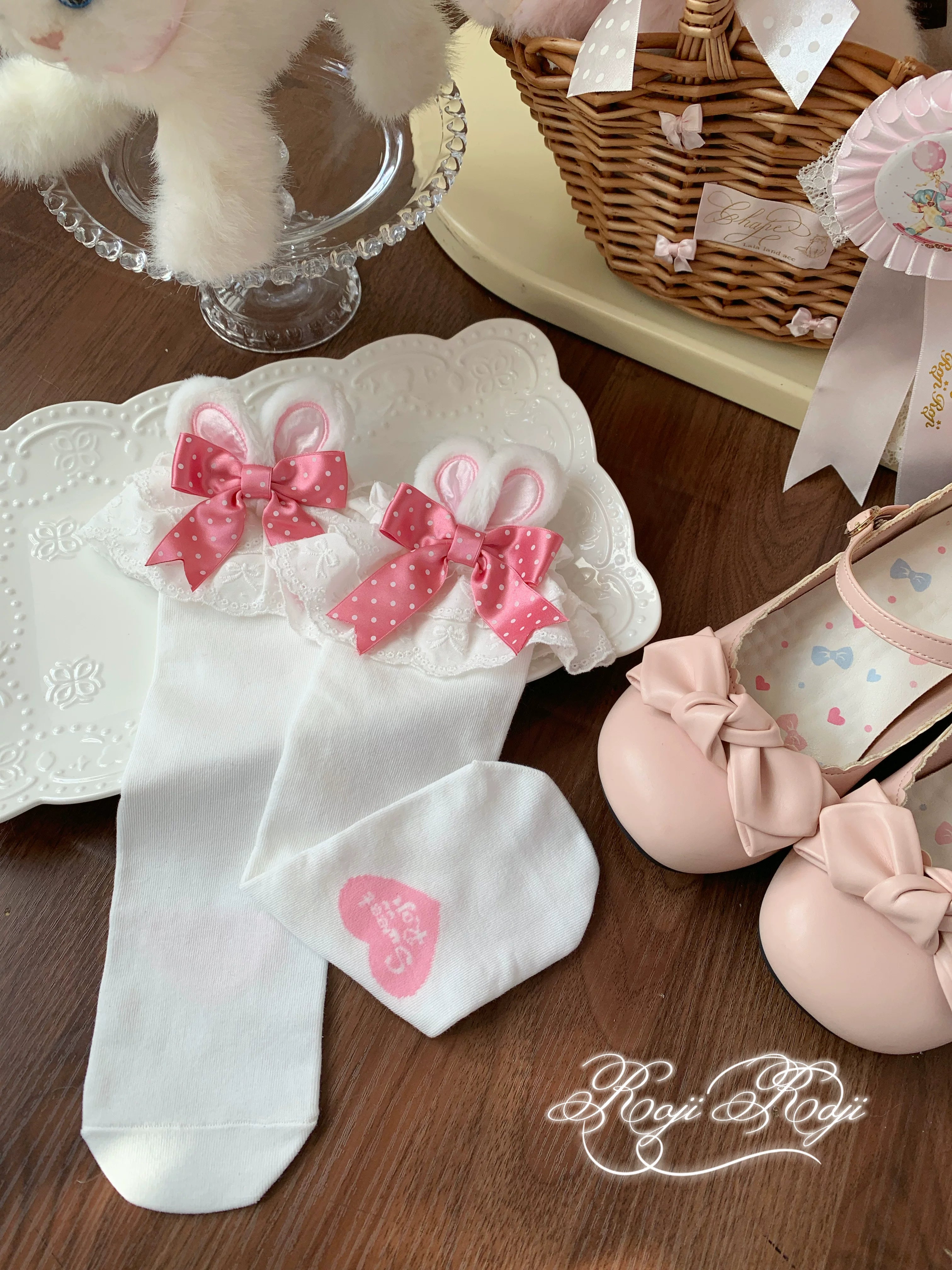 Jirai Kei light blue polka dot ruffled bunny ear socks with white base and lace trim for mid-calf Lolita styling