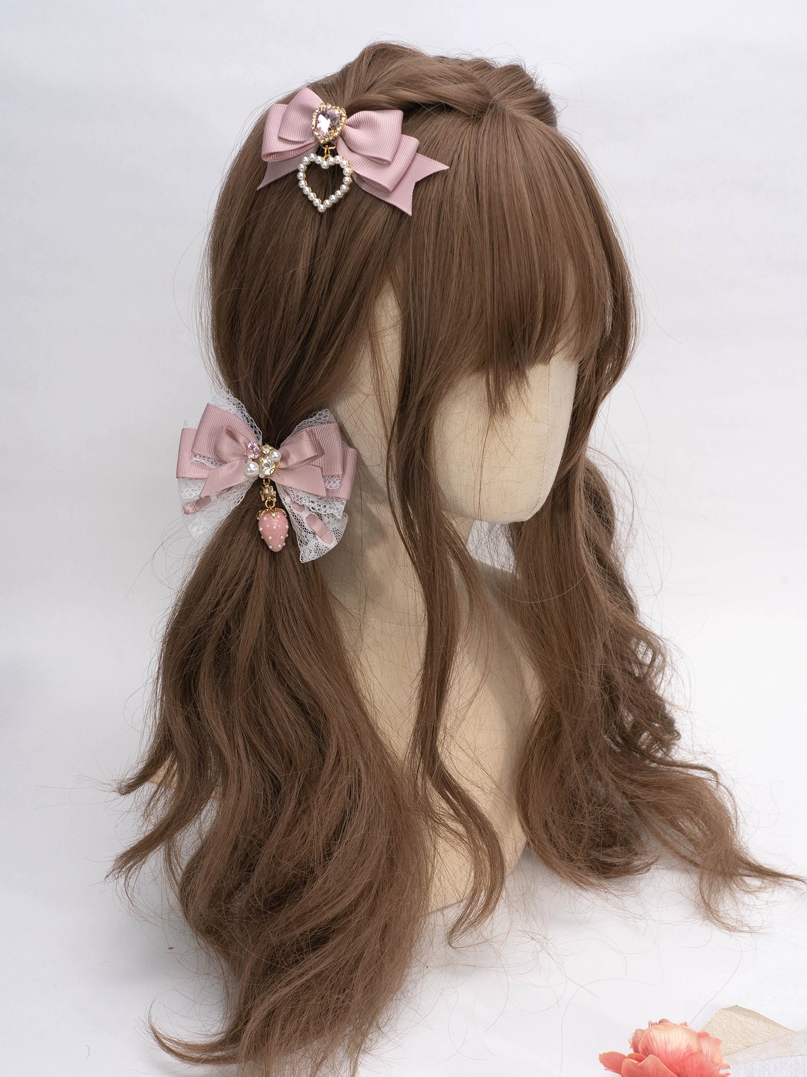 Pink strawberry Jirai Kei hairpin charm with delicate lace decoration and rhinestone embellishment