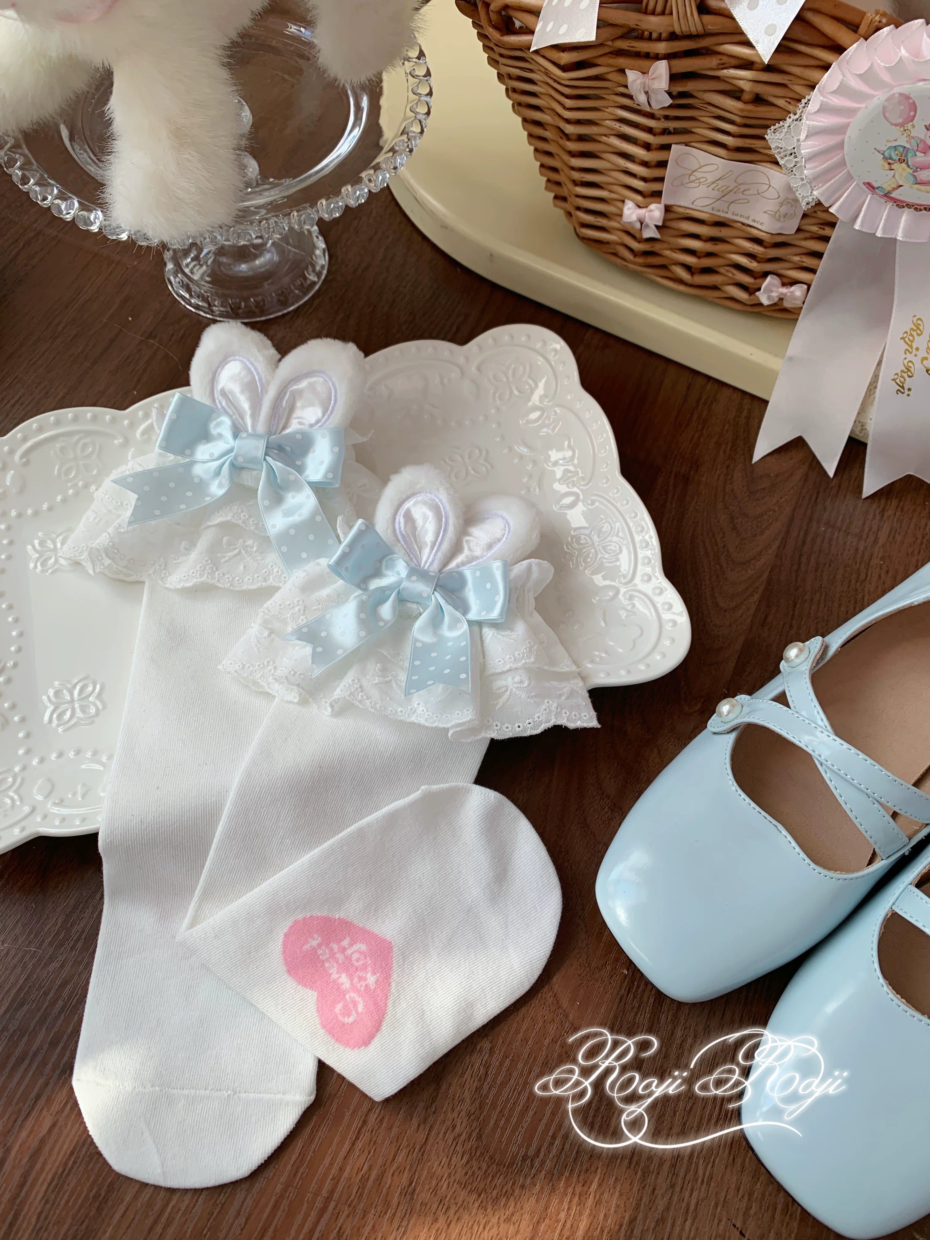 Jirai Kei assorted polka dot bunny ear socks collection displaying multiple colorways with white base and decorative trims