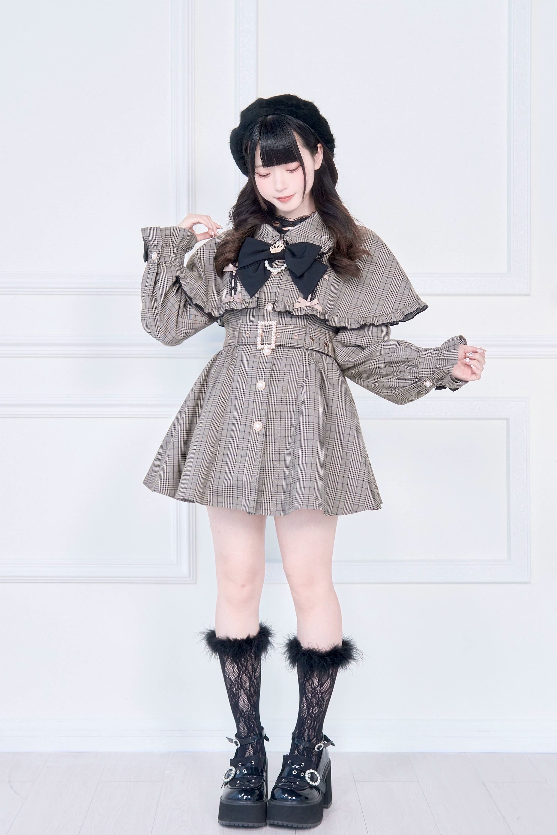 Plaid Jirai Kei cape trench coat full front standing view with lace socks and platform loafers complete outfit styling