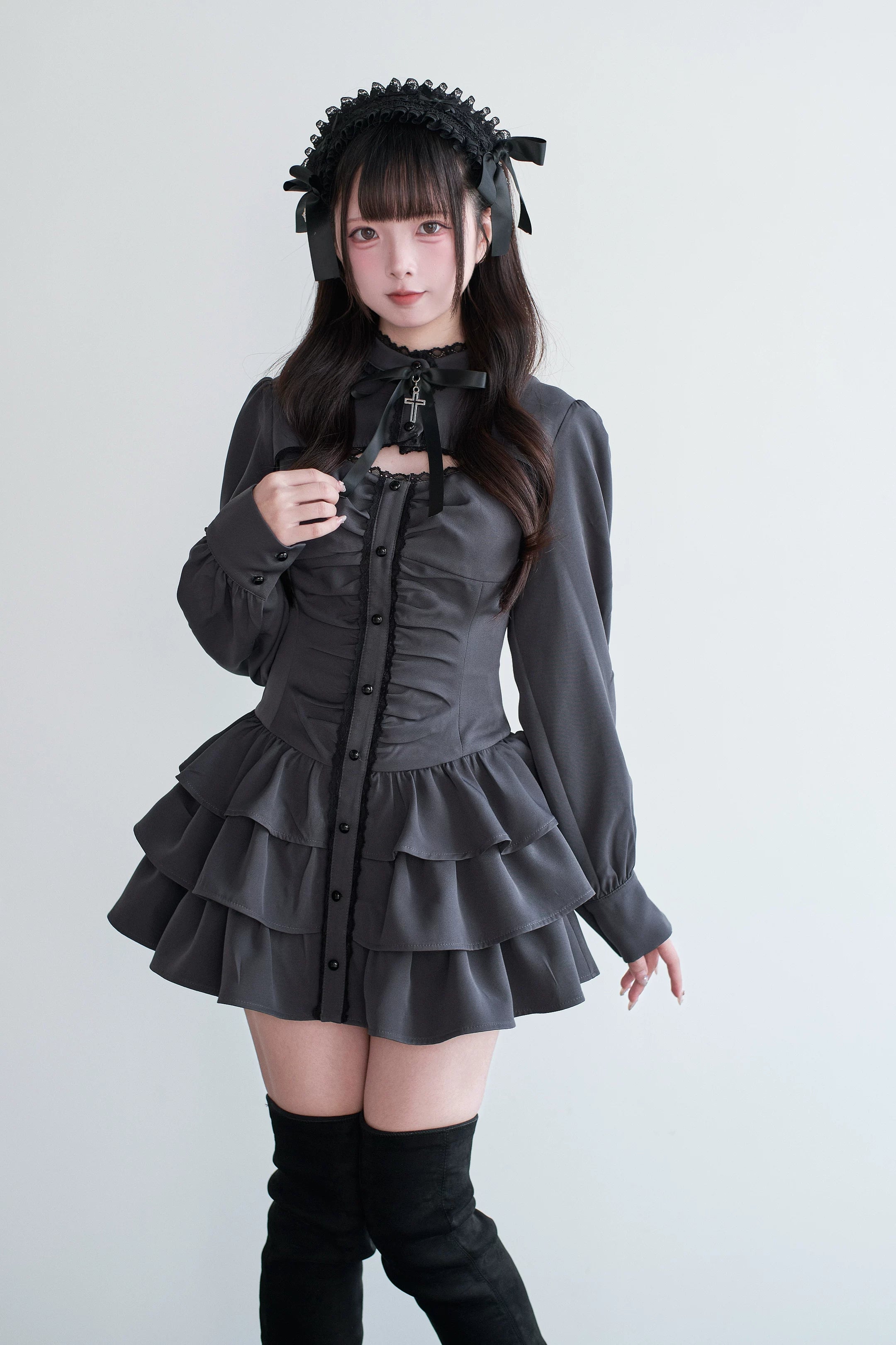Gray Jirai Kei gothic dress front standing view with tiered ruffled skirt and long puff sleeves
