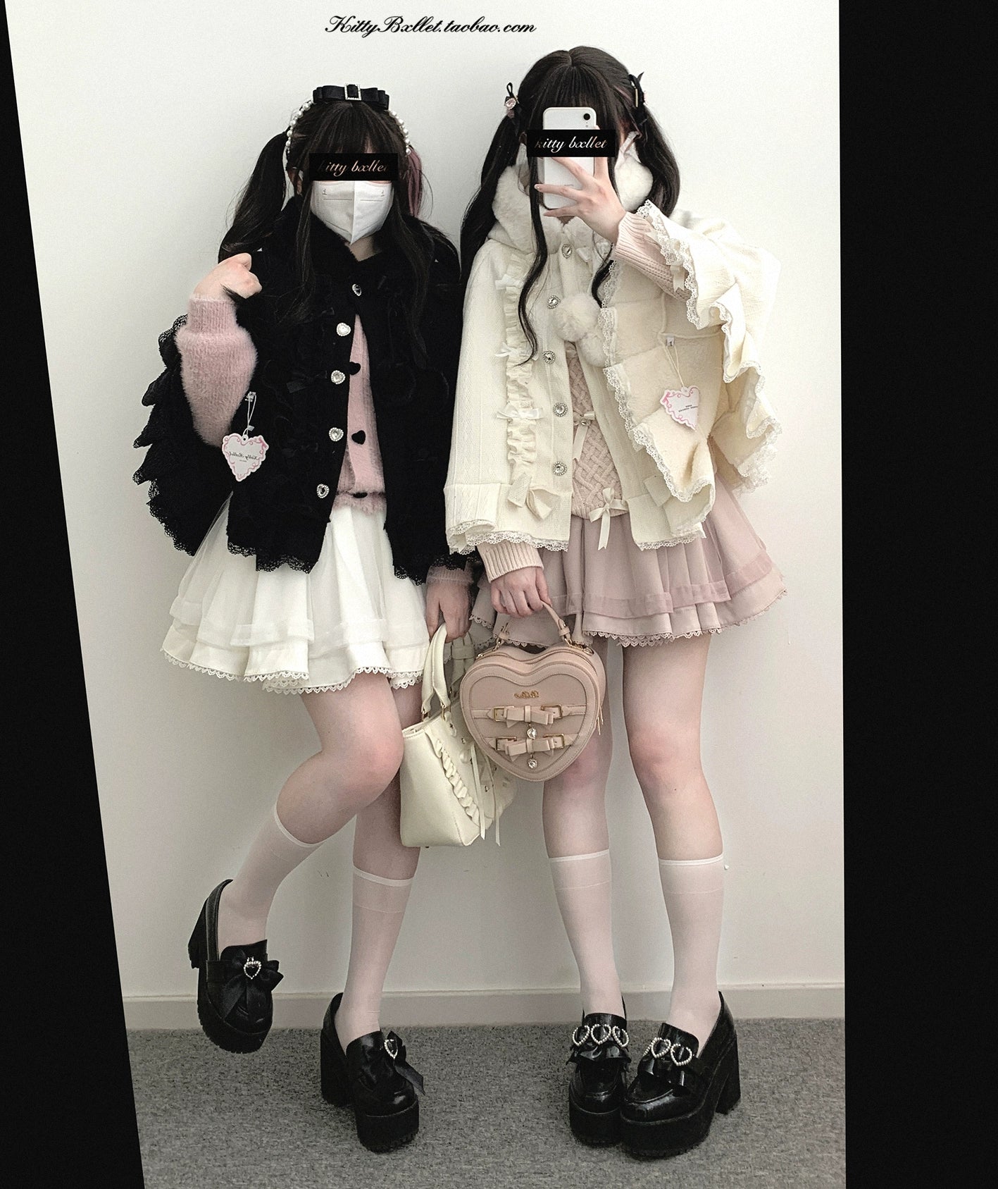 Side view of white and light pink double-layered tulle mini skirts with ruffled hem details worn by two girls in black cream Jirai Kei outfits with platform loafers and matching handbags