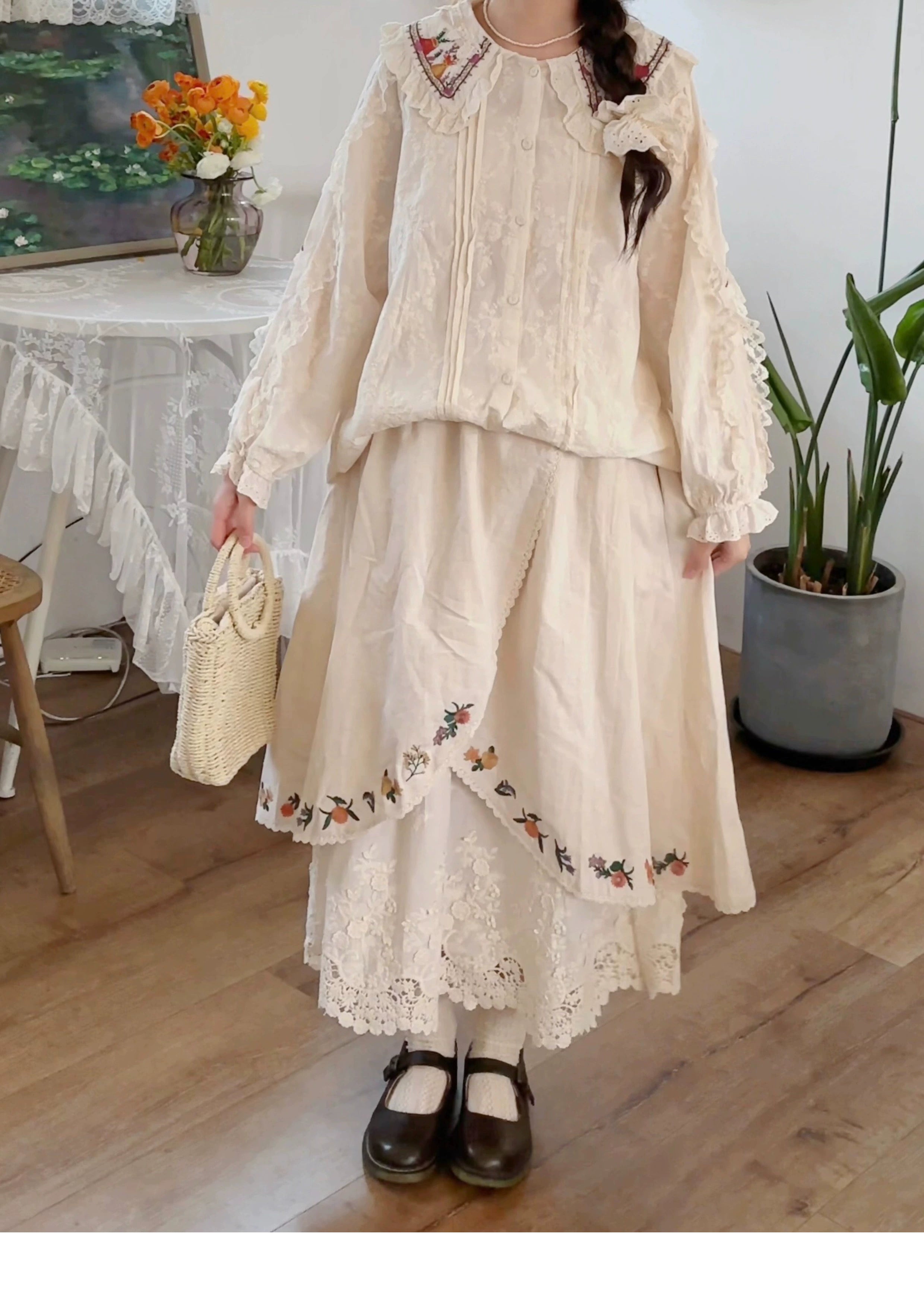Mori style embroidered midi skirt casual styling paired with vintage accessories and woven tote
