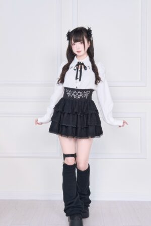 Jirai Kei gothic cross embroidery blouse and short ruffle skirt set full front view black white color scheme