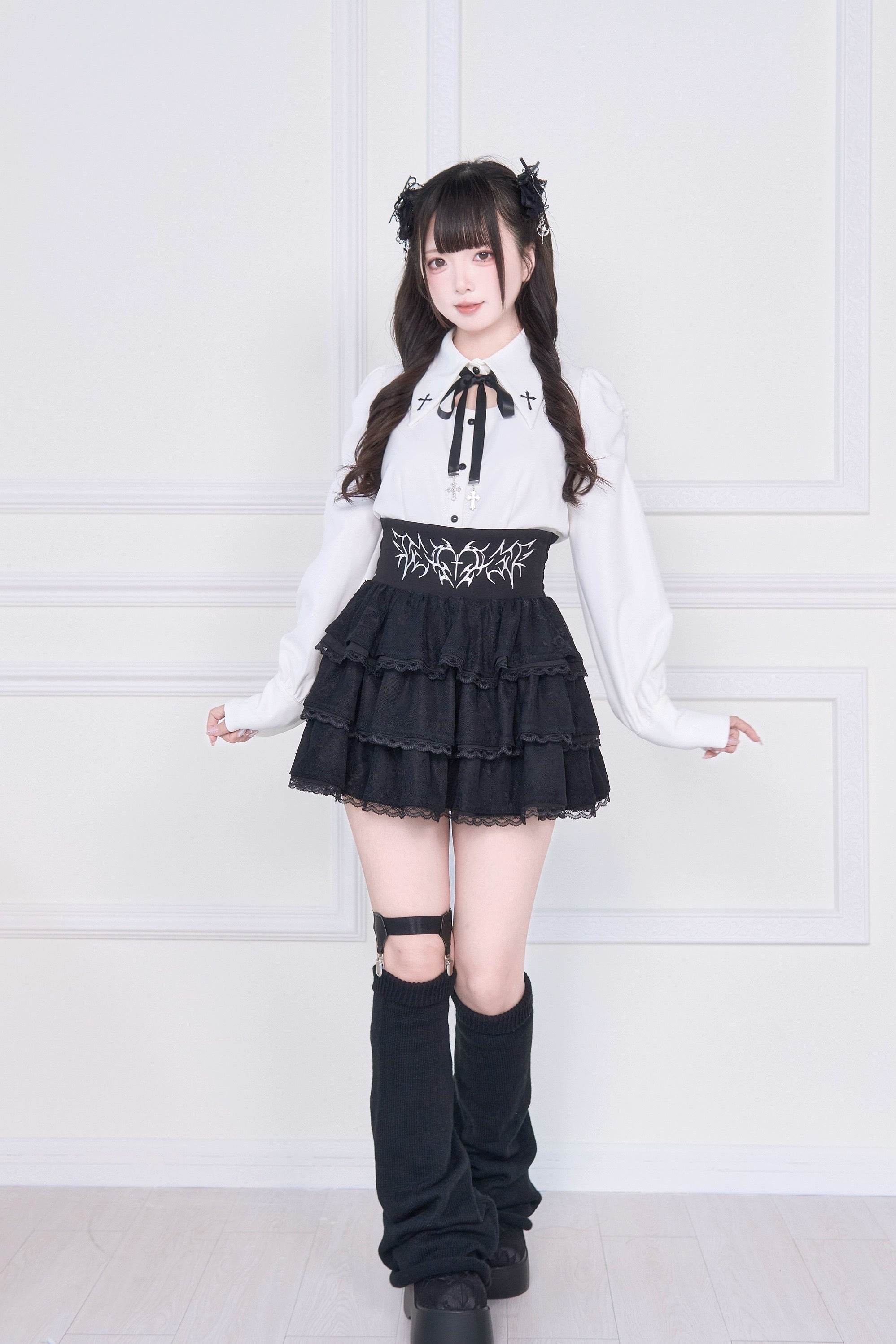 Jirai Kei gothic cross embroidery blouse and short ruffle skirt set full front view black white color scheme