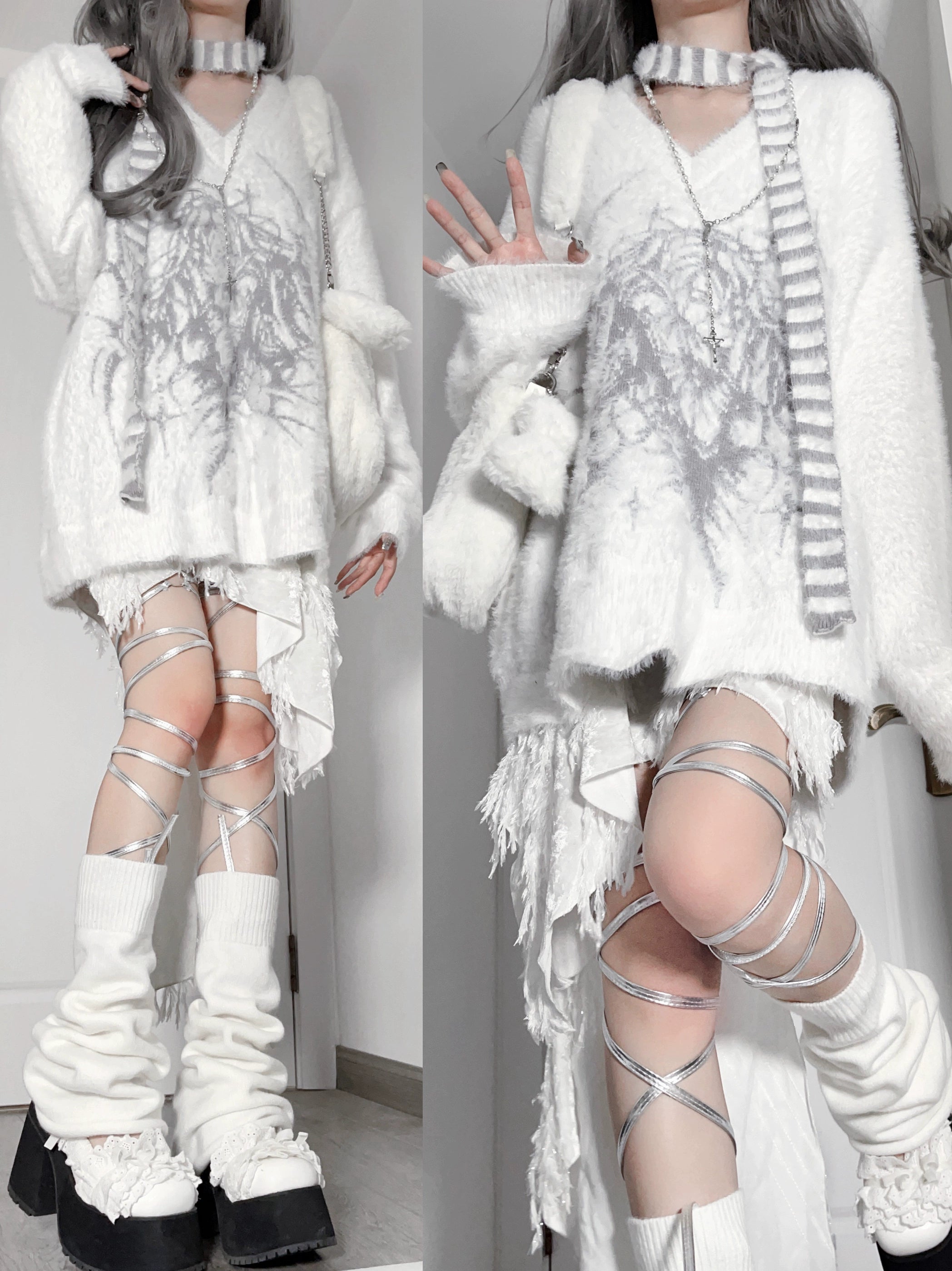Jirai Kei V-neck sweater side view loose fit white leg warmers silver straps frayed bottom hem