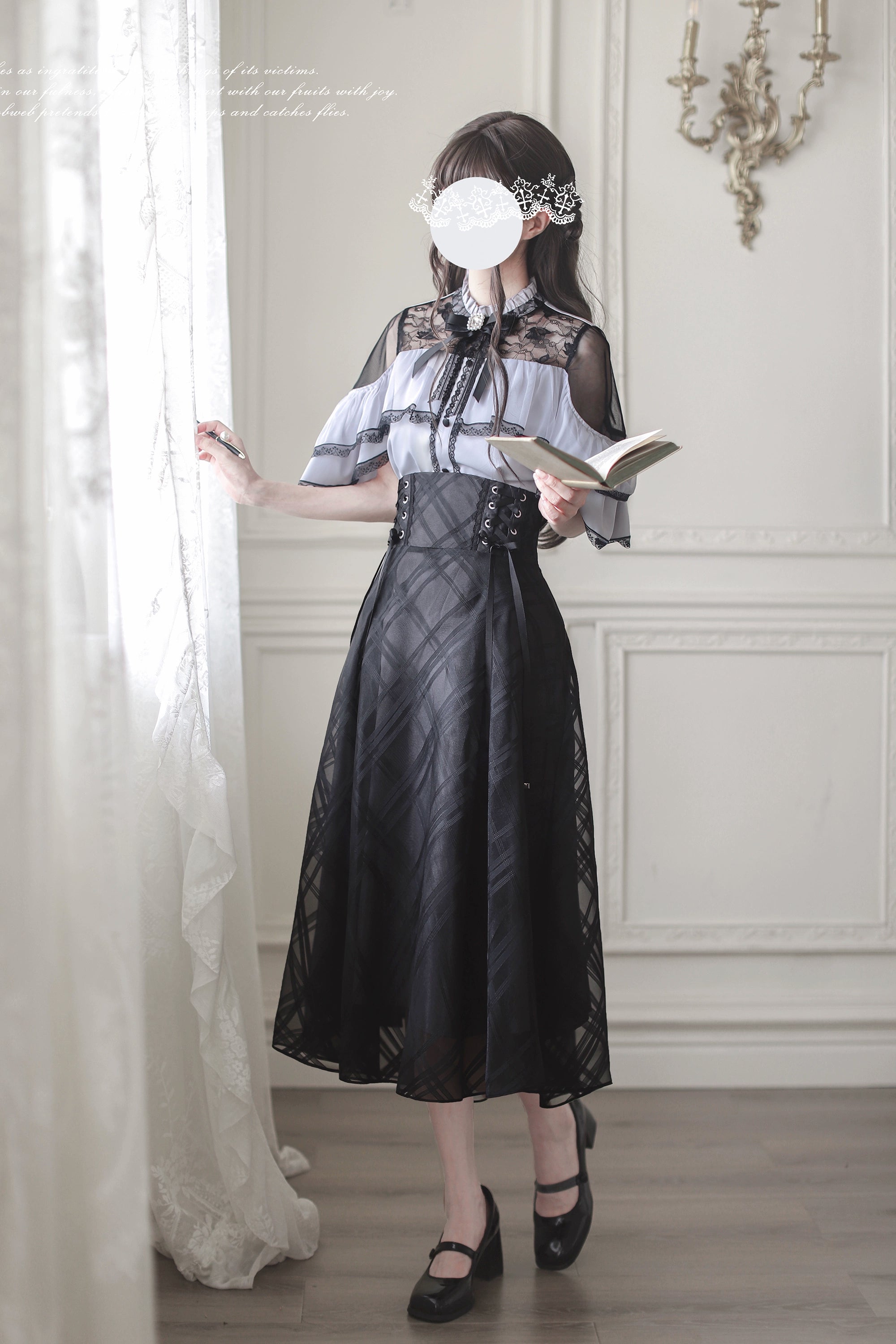 Black maxi Jirai Kei skirt with purple cape blouse ensemble, three-quarter front view showcasing sheer ruffle cape top and black plaid mesh midi skirt in vintage French interior setting