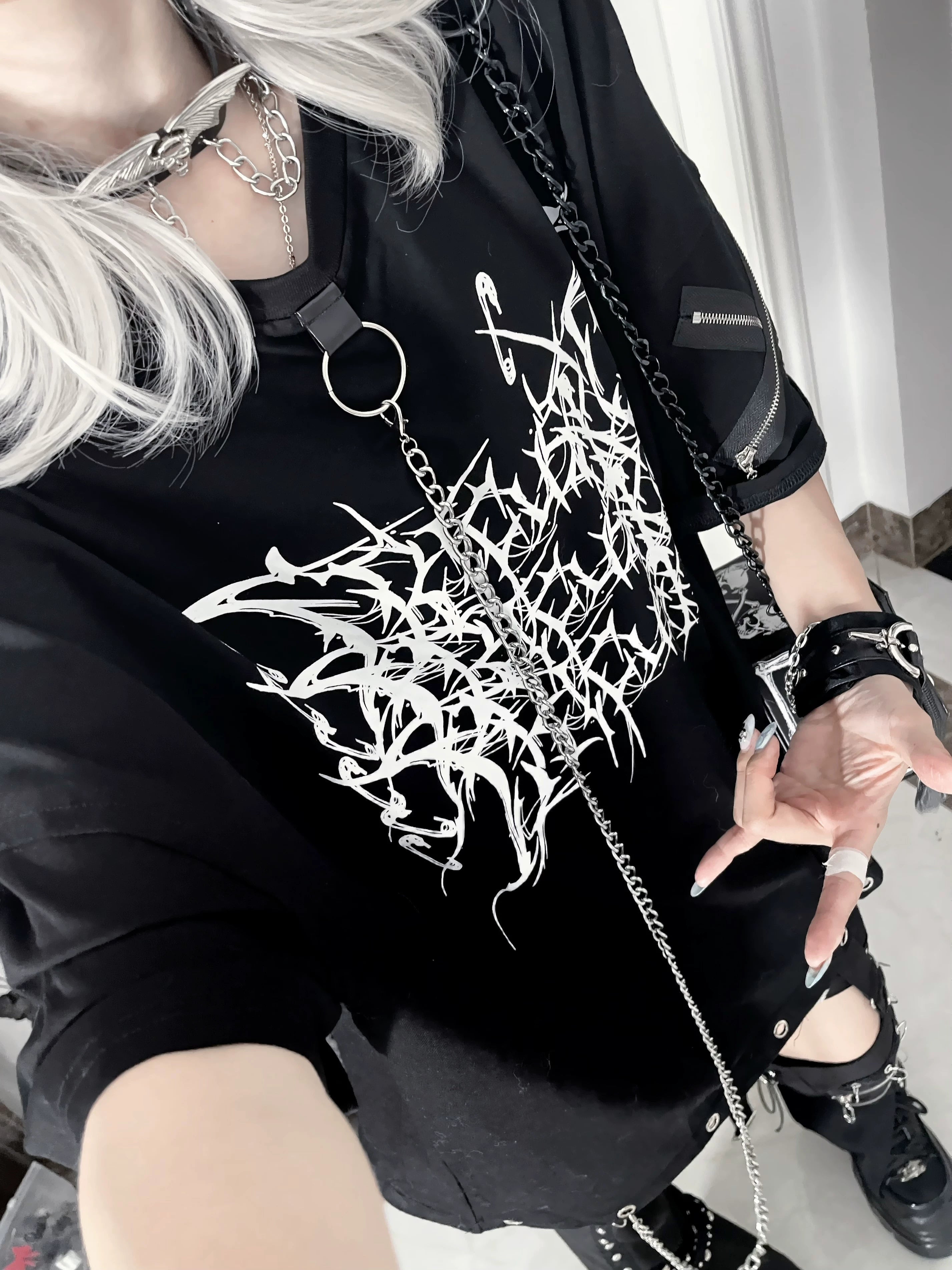 Black Jirai Kei t-shirt with purple thorn print and detachable chain, full front view highlighting color contrast and print design