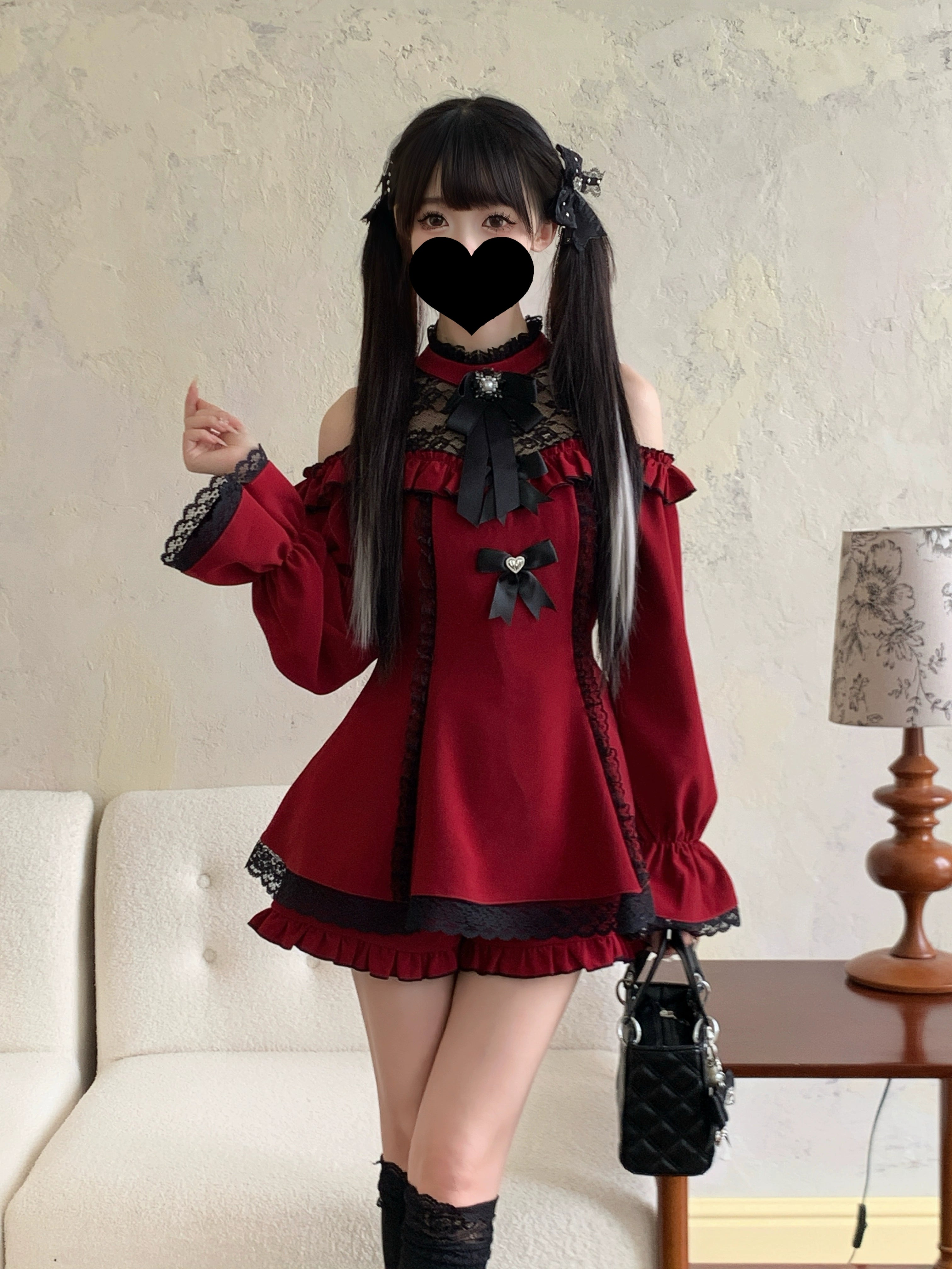 Wine red off-shoulder Jirai Kei dress shorts set with lace neck panel bow brooch ruffled cuffs indoor piano scene