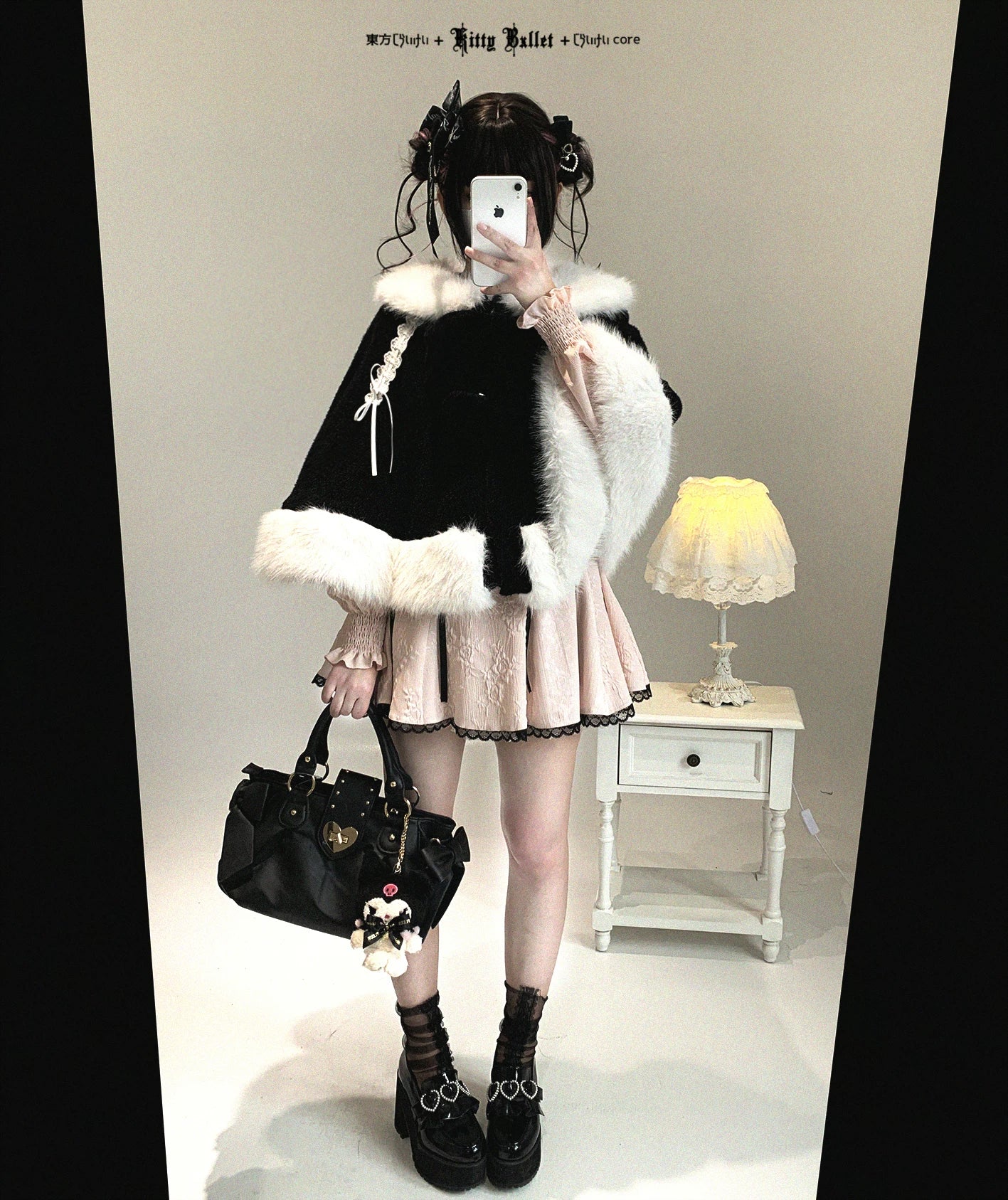 Jirai Kei bunny ear winter cape winter weather layering showing cape over thick sweater for cold climate wear